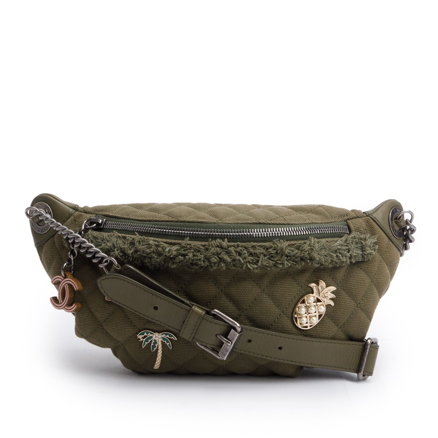 Chanel Khaki & Quilted Cocco Cuba Canvas Leather Lambskin Key Chain