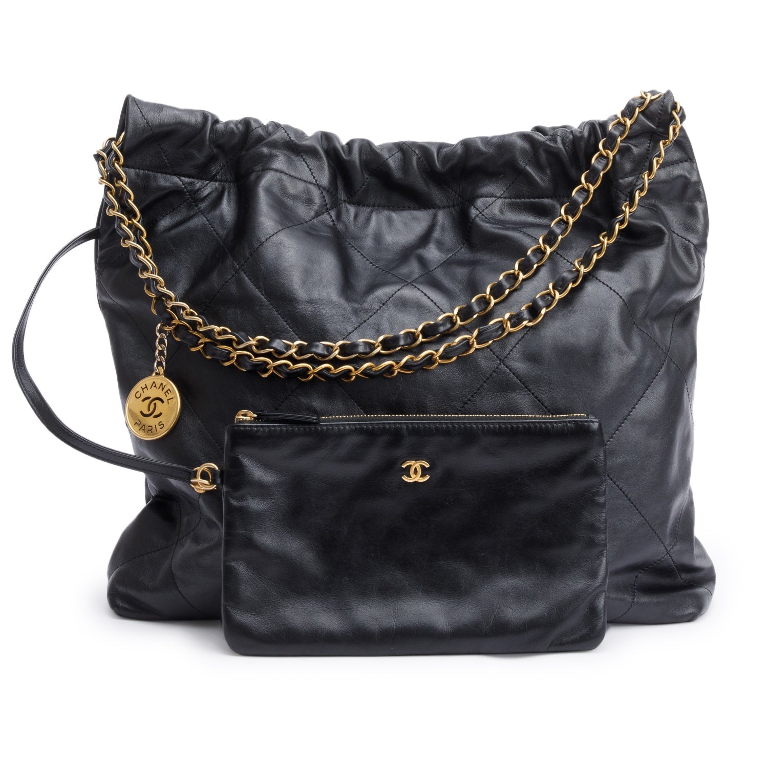 Chanel Shiny 22 Hobo Leather Calfskin Black Travel Bag W Pouch