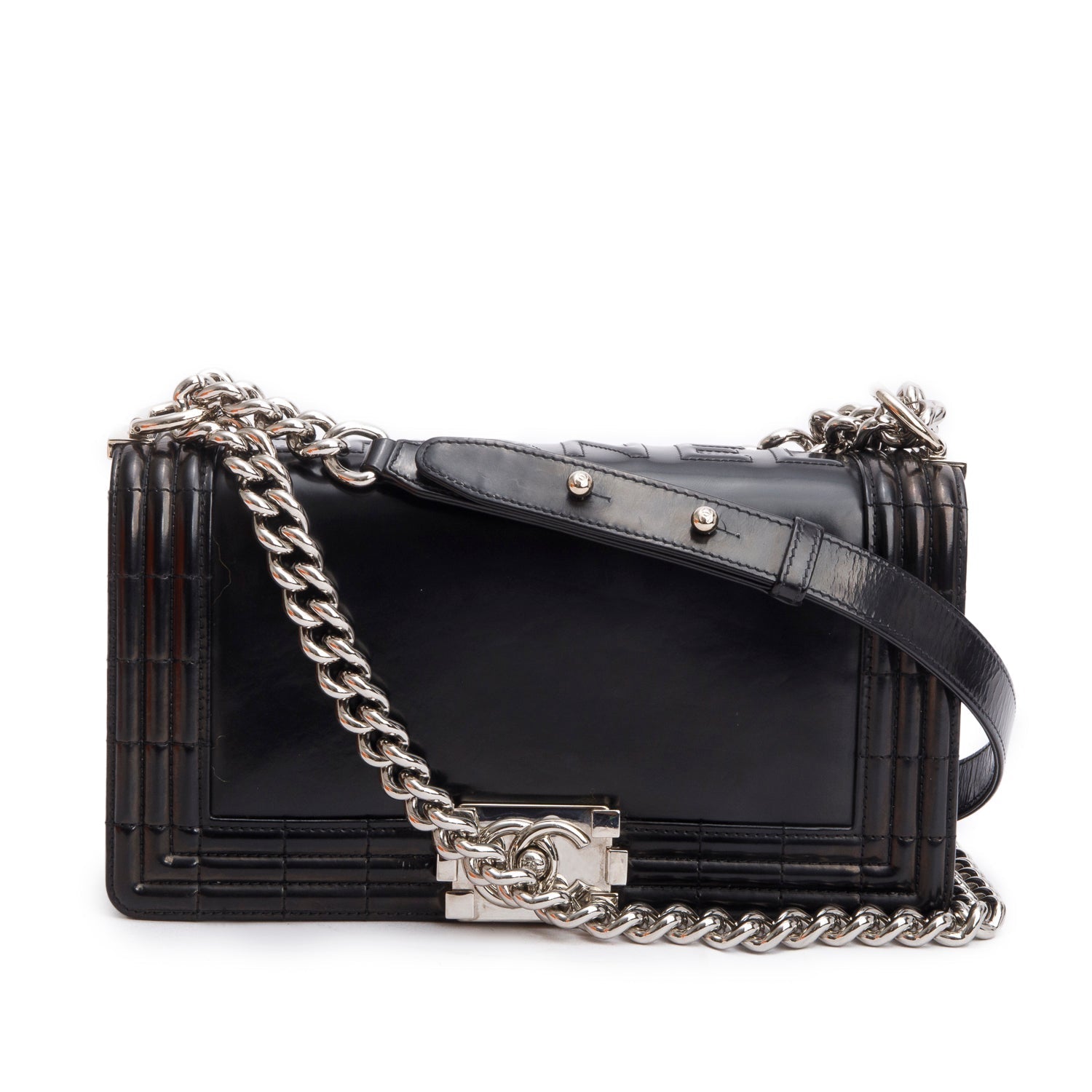 Chanel Patent Original Clasp Boy Flap Leather Black Travel Bag