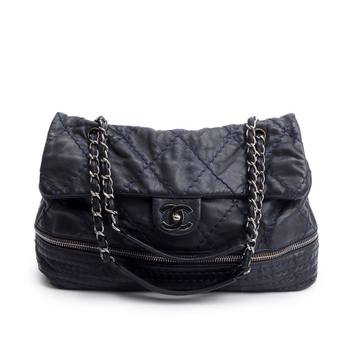 Chanel Navy Quilted Stitched Expandable Ligne Leather Calfskin Travel Bag