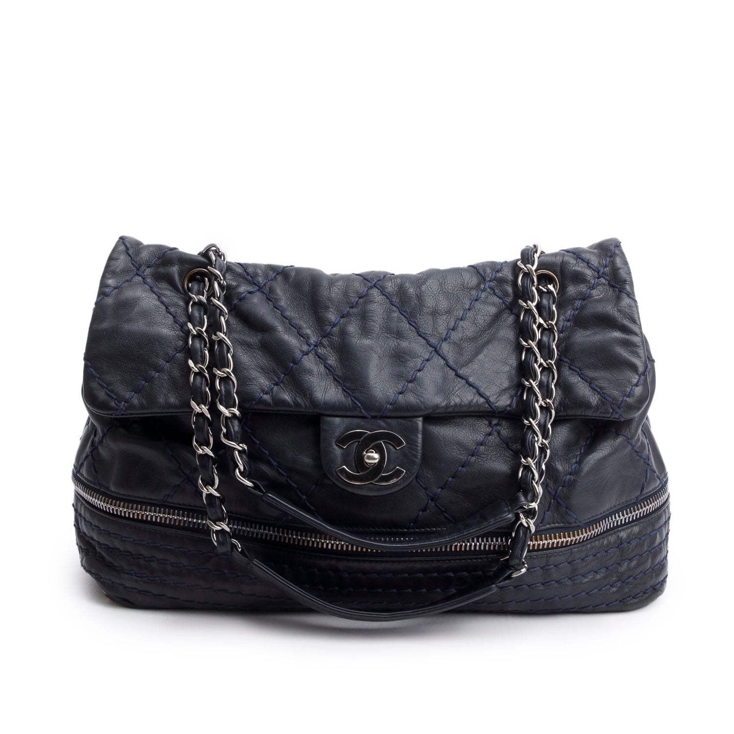 Chanel Navy Quilted Stitched Expandable Ligne Leather Calfskin Travel Bag