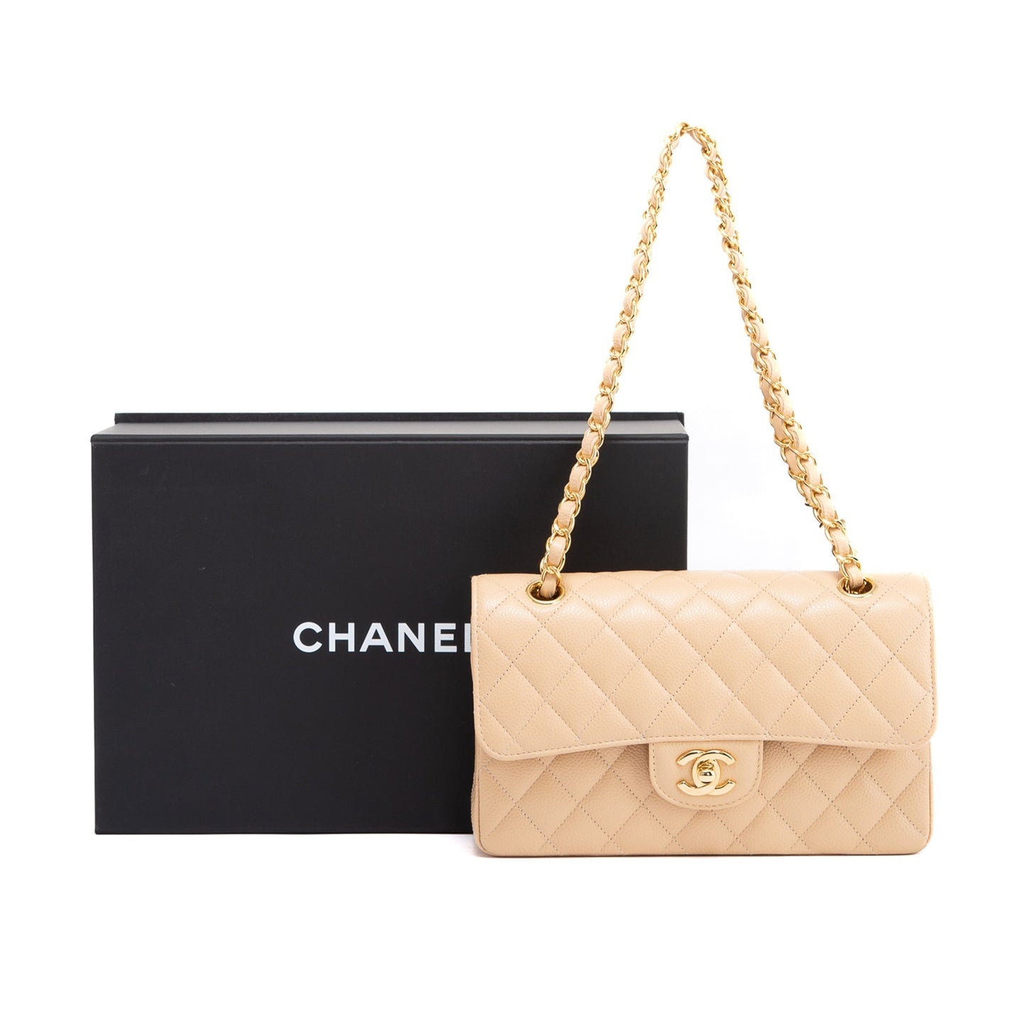Chanel Caviar Classic Double Flap Beige Travel Bag