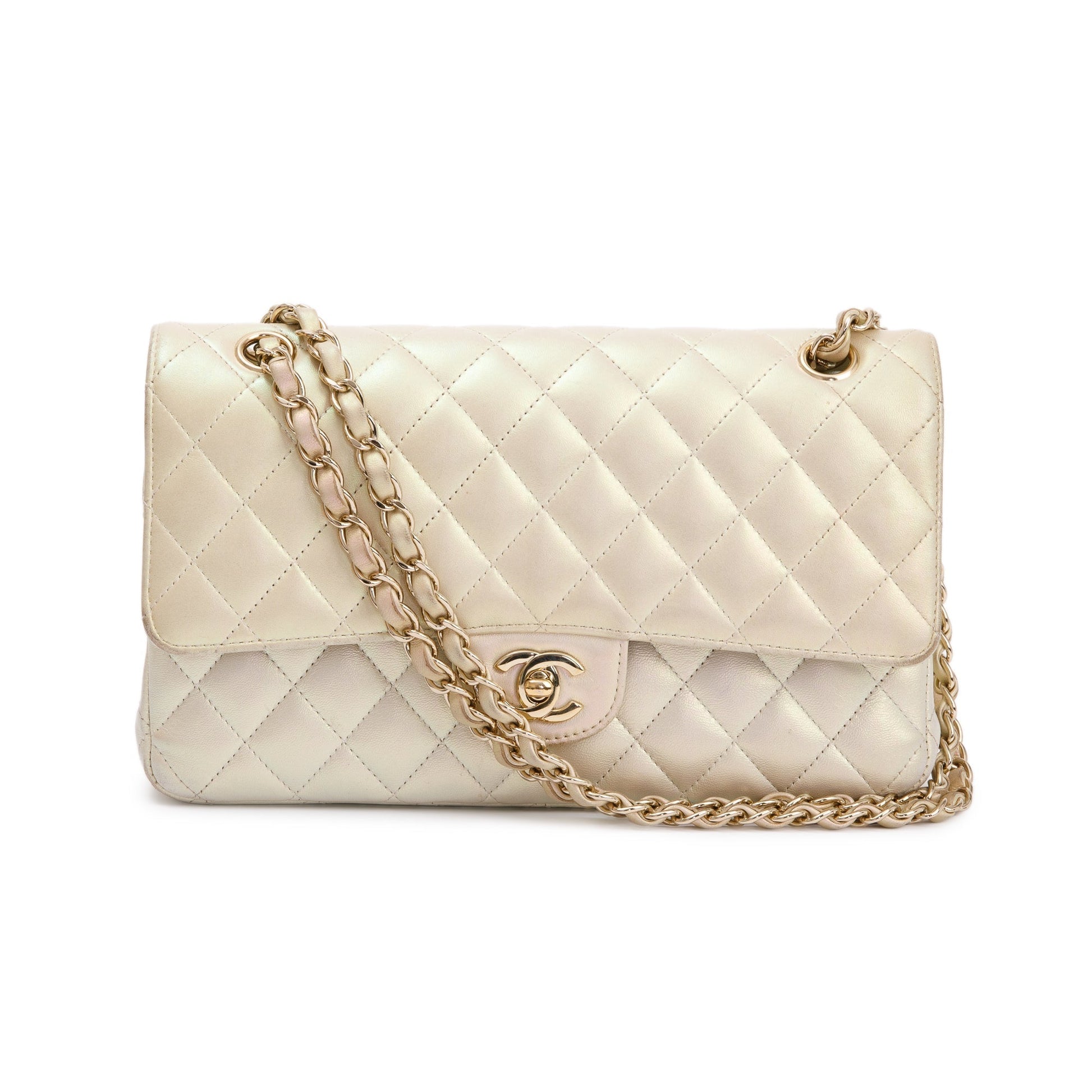 Chanel Iridescent Classic Double Flap Leather Calfskin Beige Travel Bag