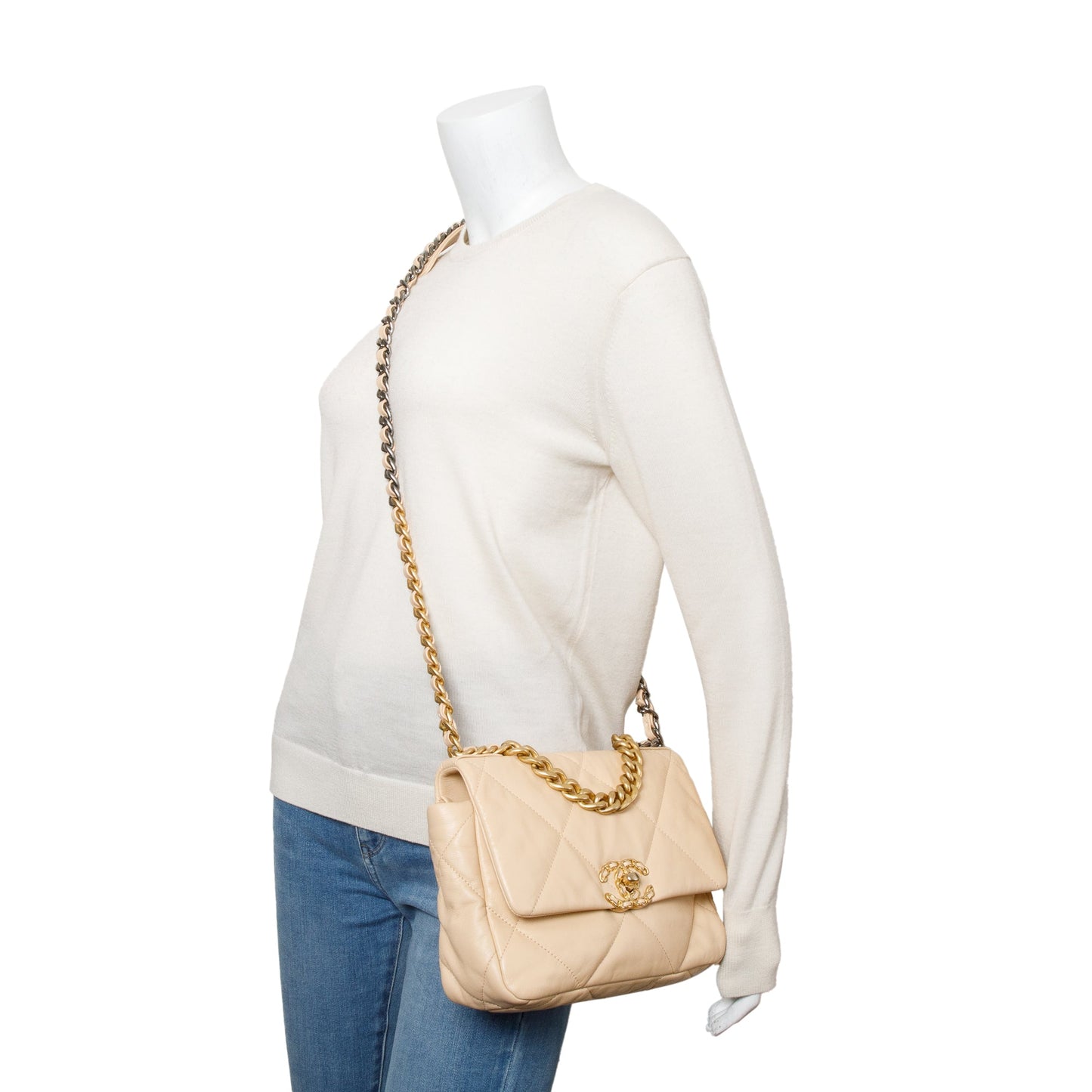 Chanel 19 Flap Leather Lambskin Beige Travel Bag