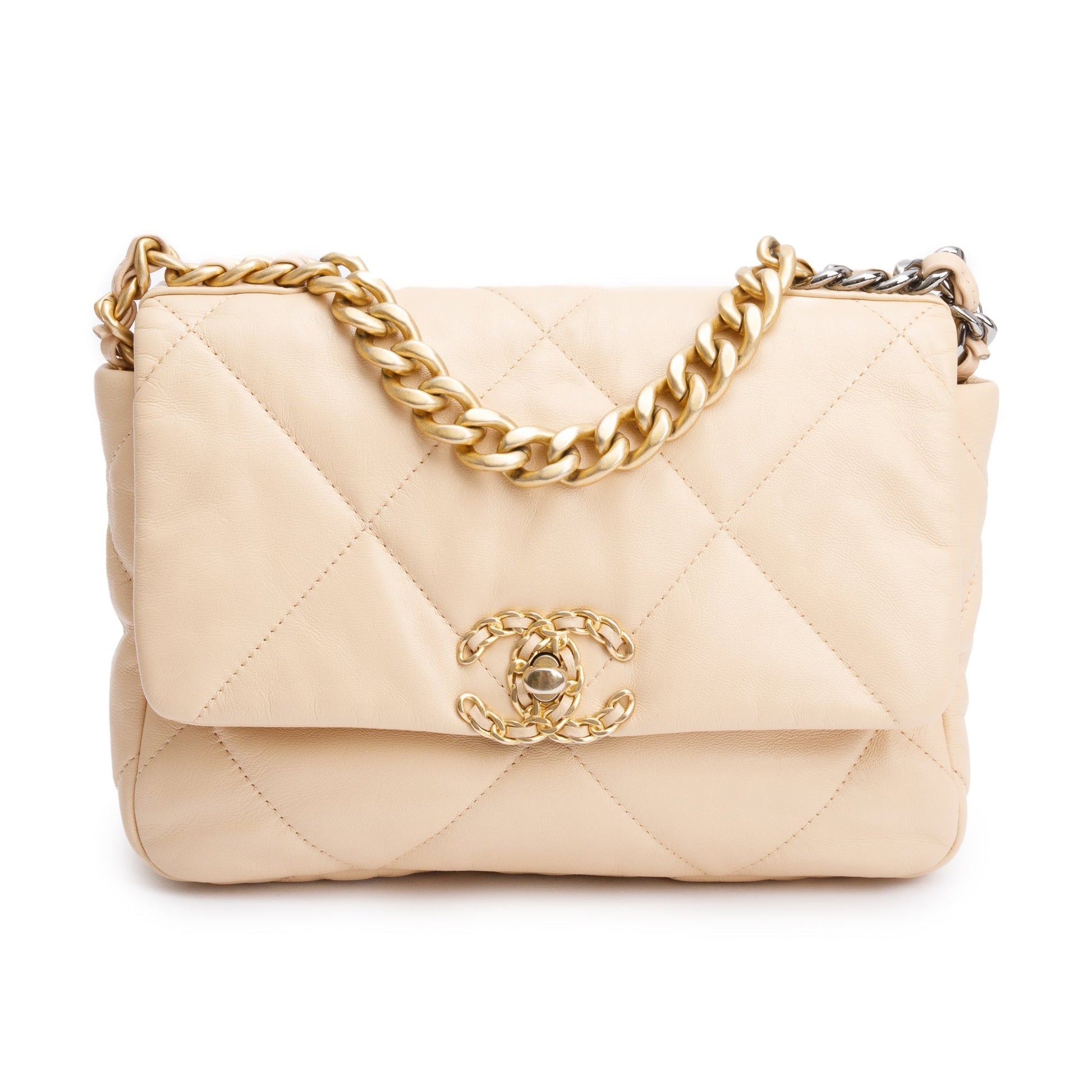 Chanel 19 Flap Leather Lambskin Beige Travel Bag