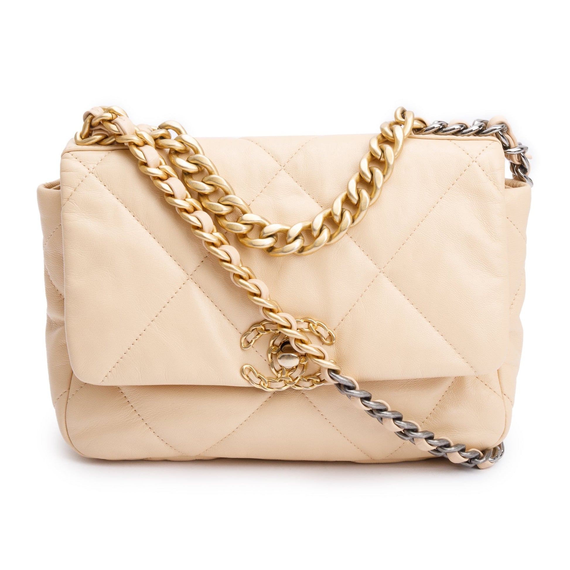 Chanel 19 Flap Leather Lambskin Beige Travel Bag