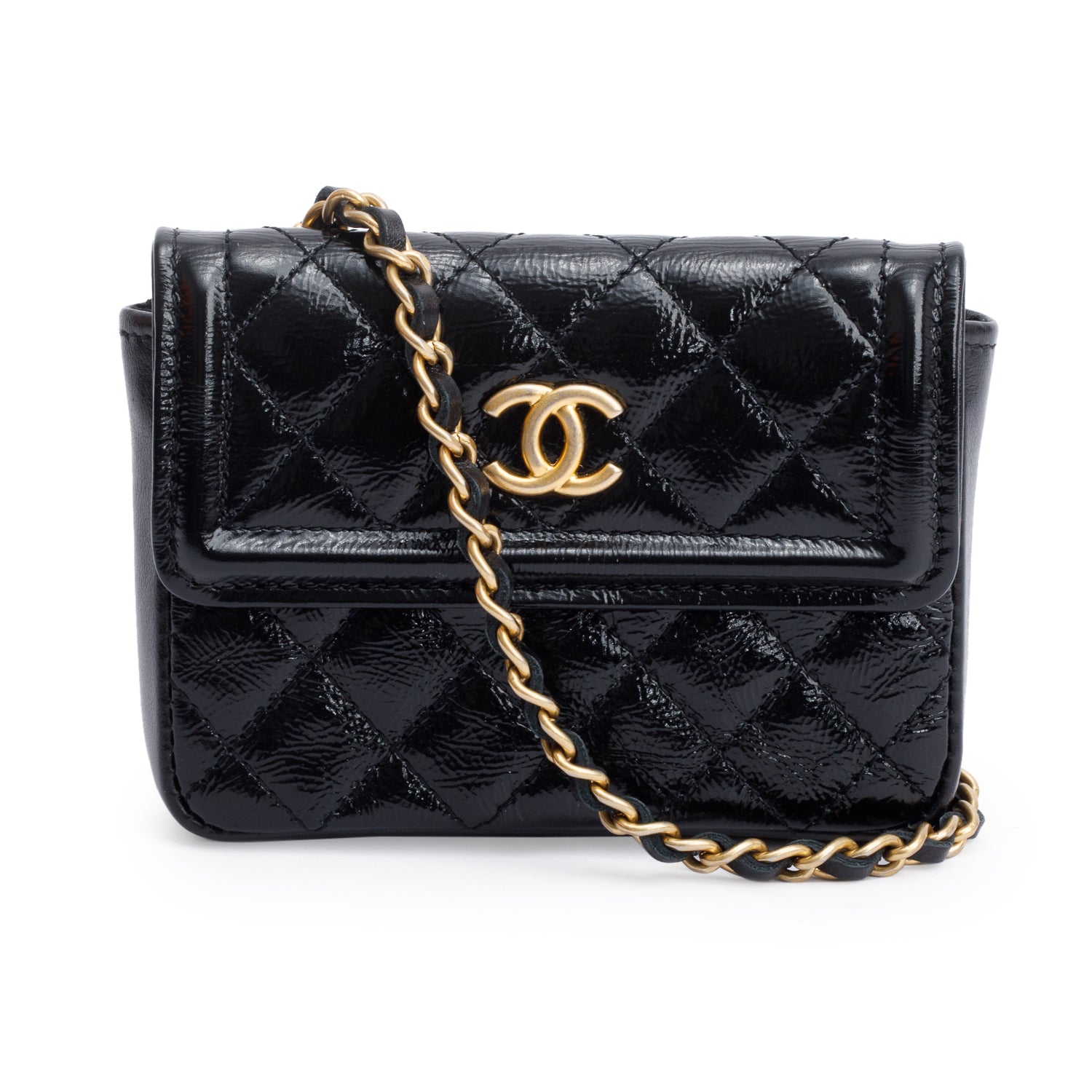 Chanel Quilted Shiny Aged Belt Leather Calfskin Black