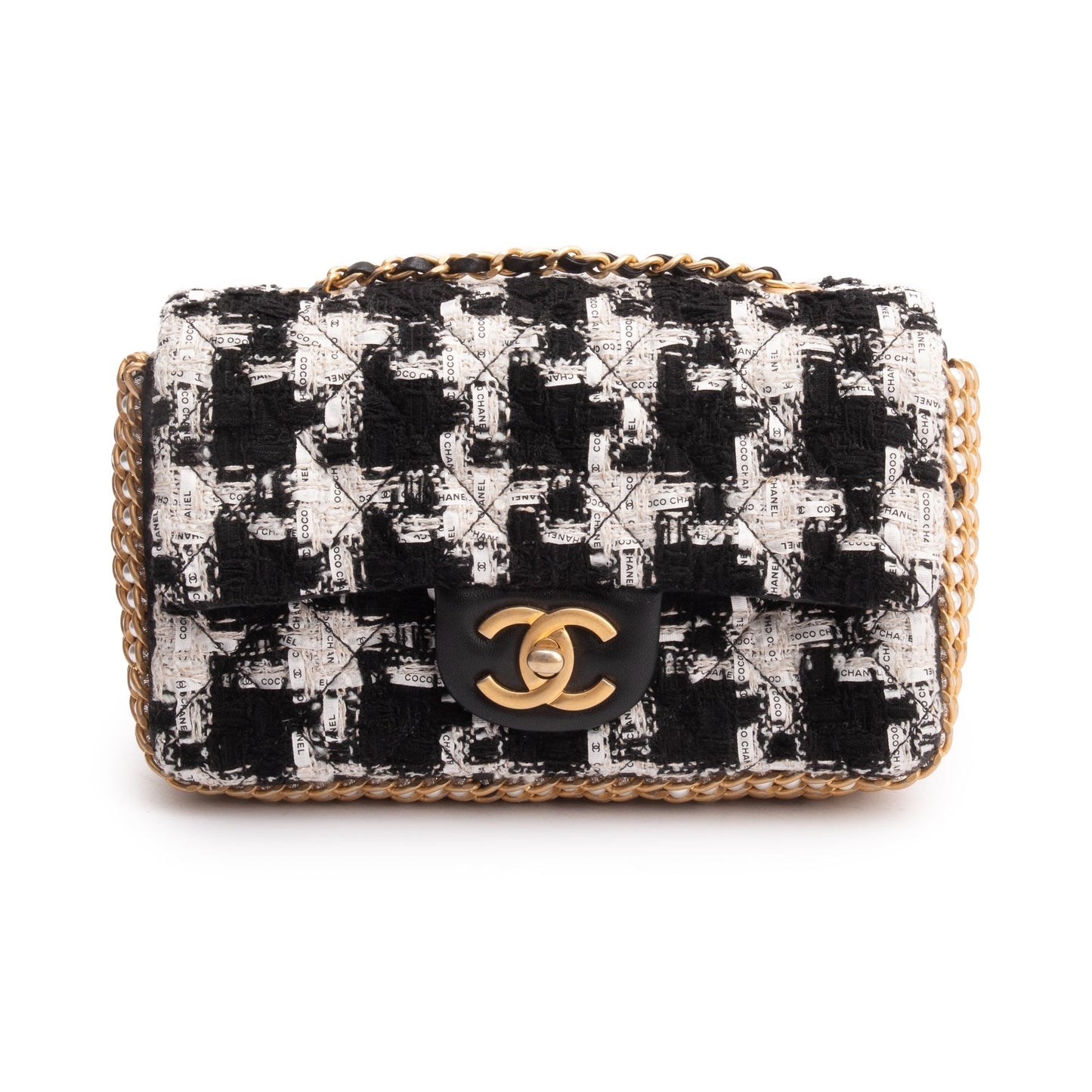 Chanel Tweed River Pearls Flap Black White Travel Bag