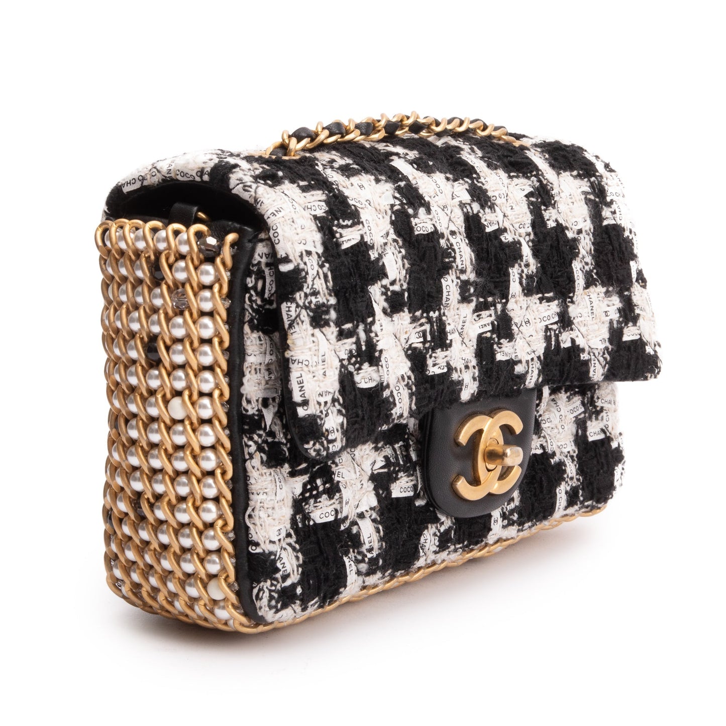 Chanel Tweed River Pearls Flap Black White Travel Bag