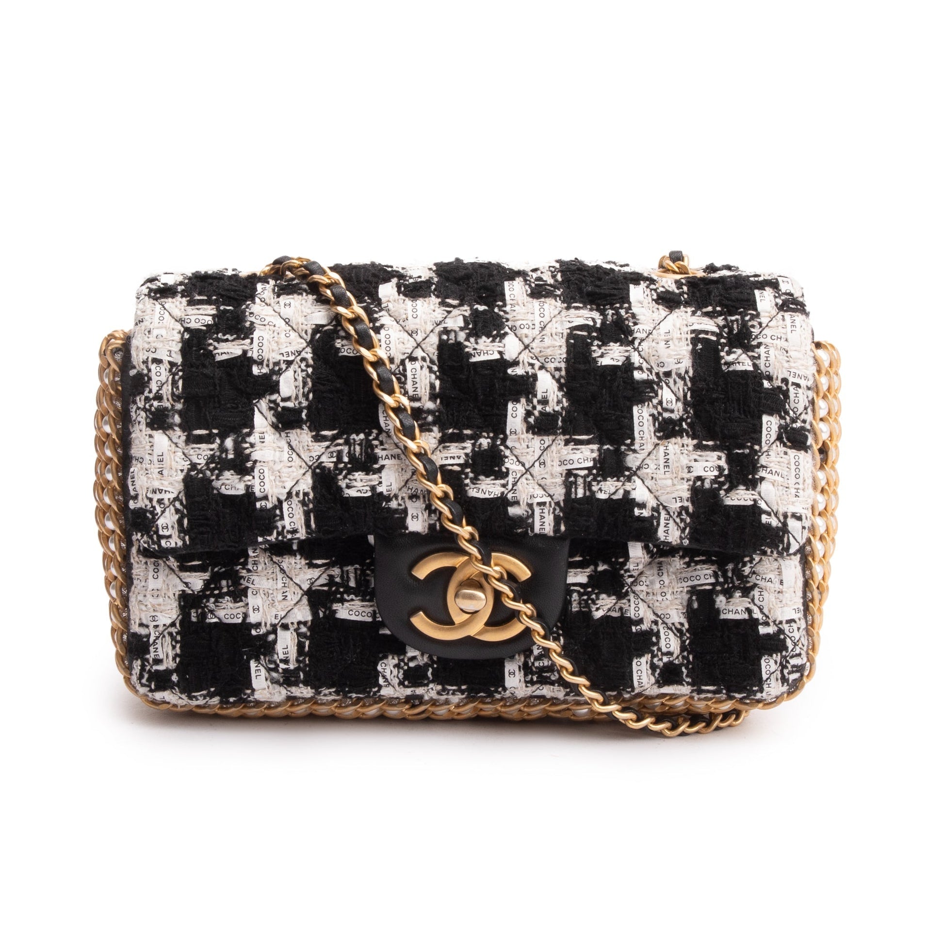 Chanel Tweed River Pearls Flap Black White Travel Bag