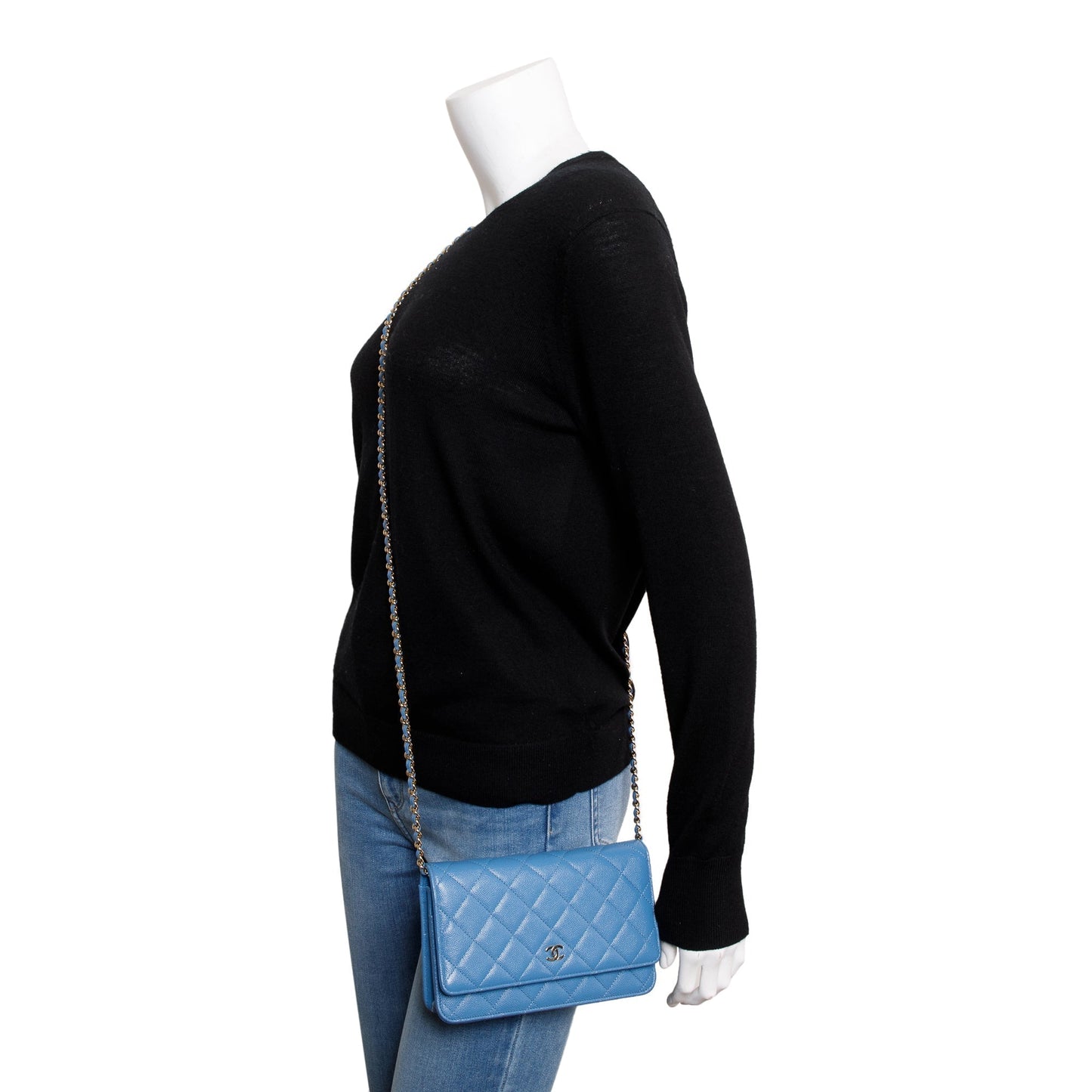 Chanel Caviar Classic on Leather Blue Wallet Case