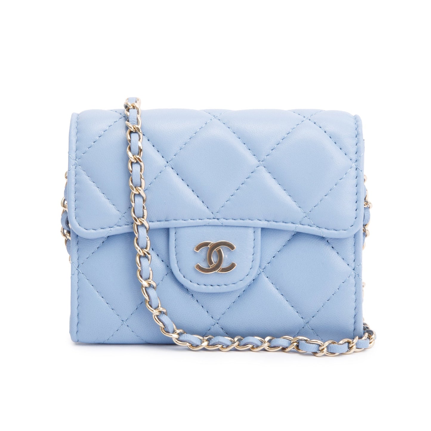 Chanel Quilted Card Holder On Leather Lambskin Blue Wallet Case