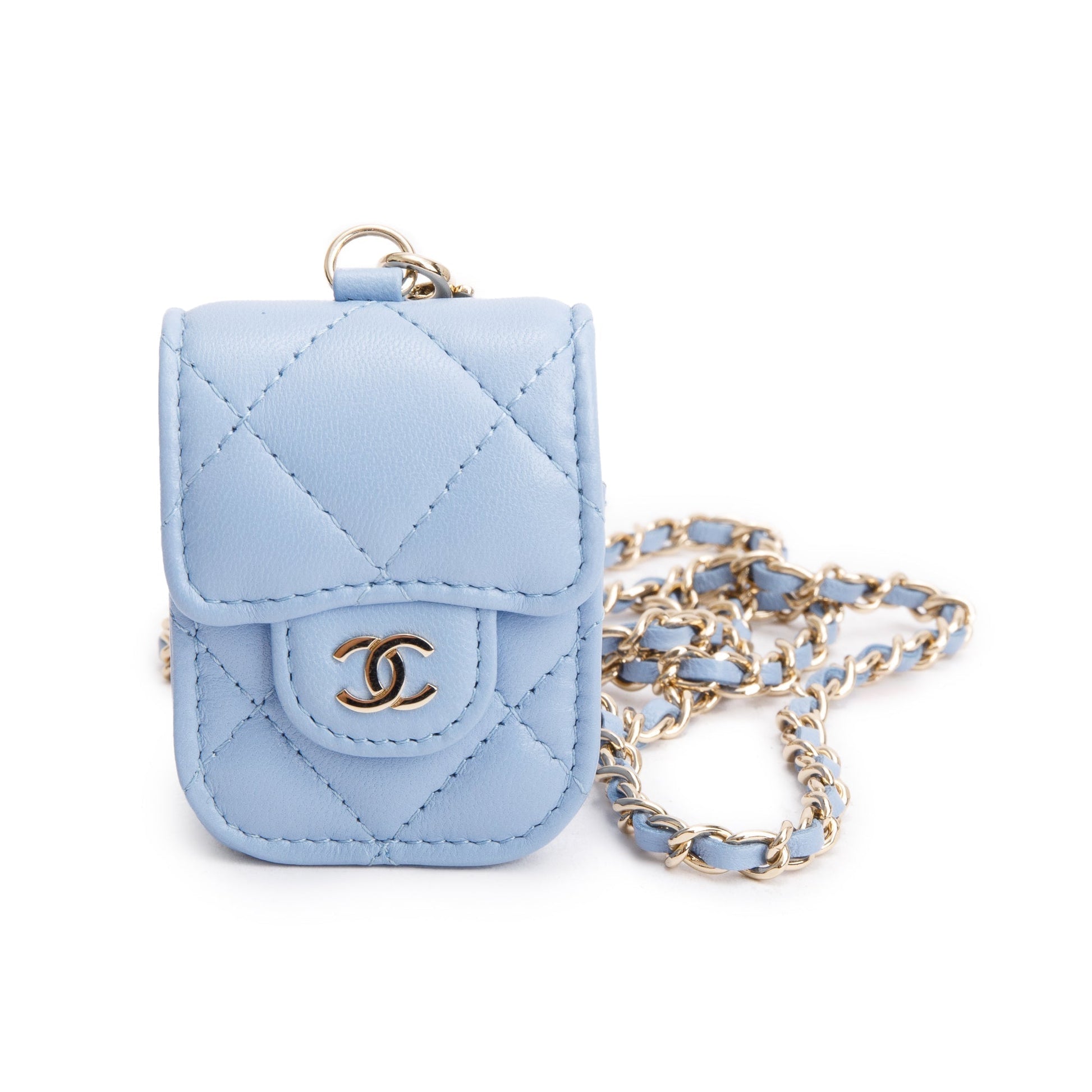Chanel Quilted Airpods Flap on Leather Lambskin Blue Travel Bag