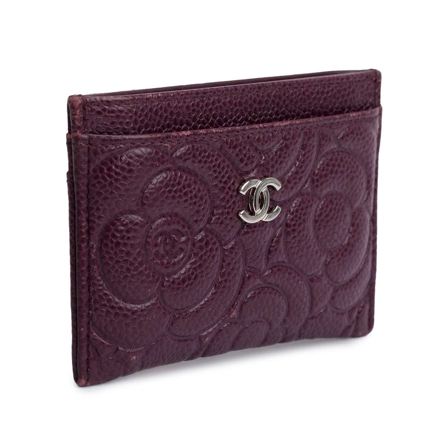 Chanel Burgundy Camellia Embossed Caviar Classic Leather Wallet Case