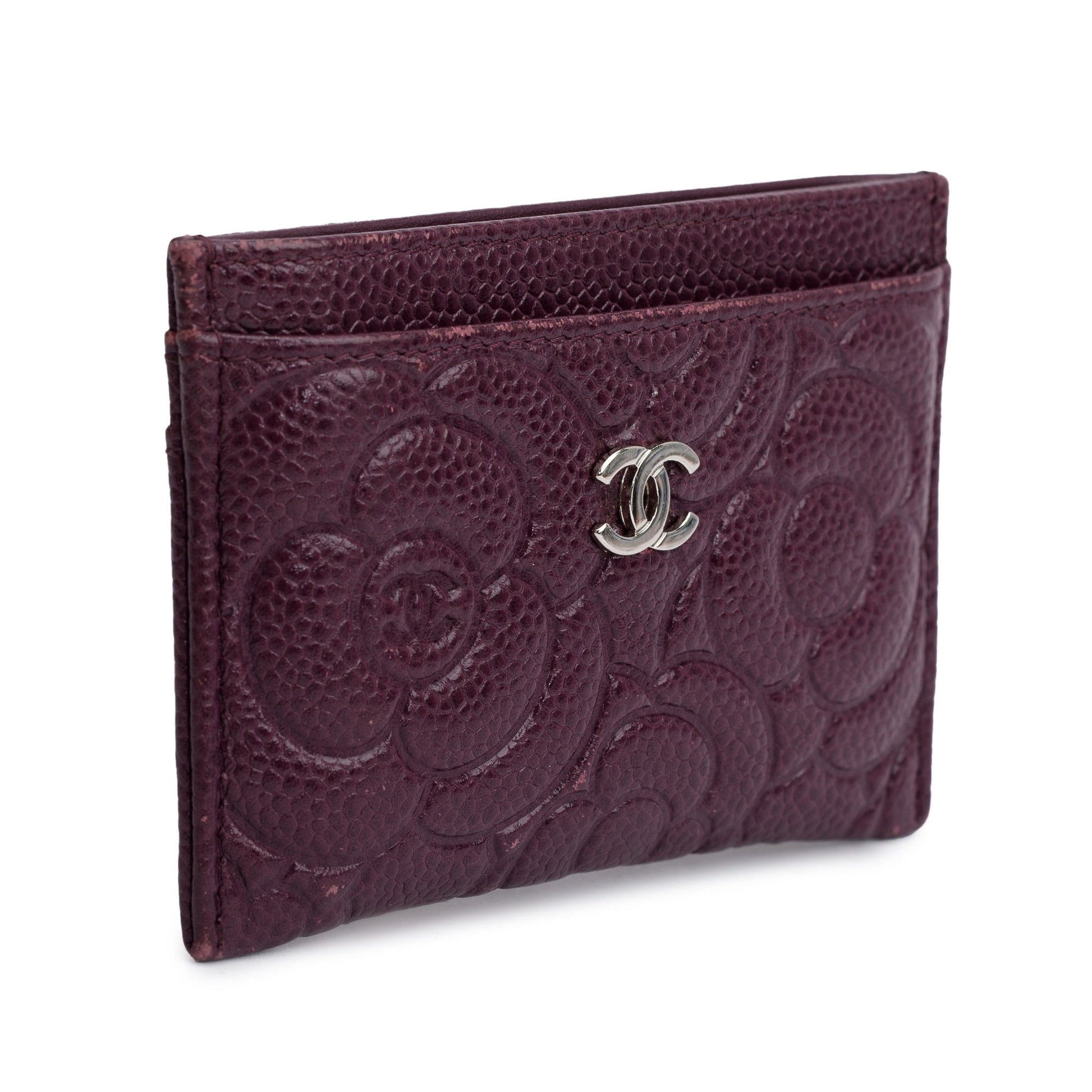 Chanel Burgundy Camellia Embossed Caviar Classic Leather Wallet Case