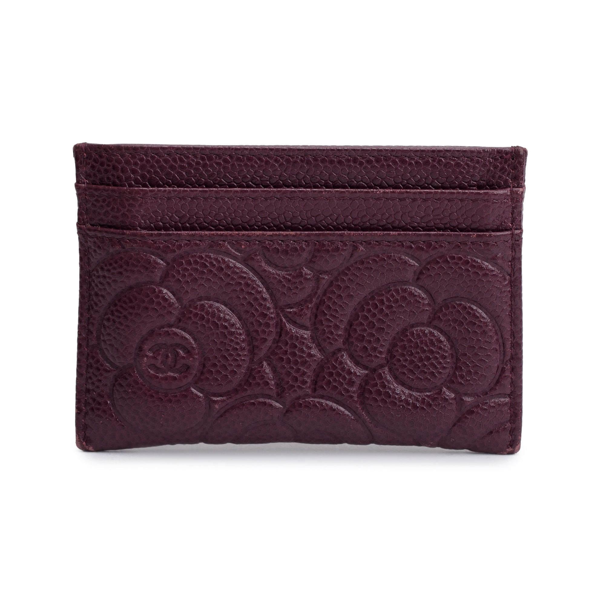 Chanel Burgundy Camellia Embossed Caviar Classic Leather Wallet Case
