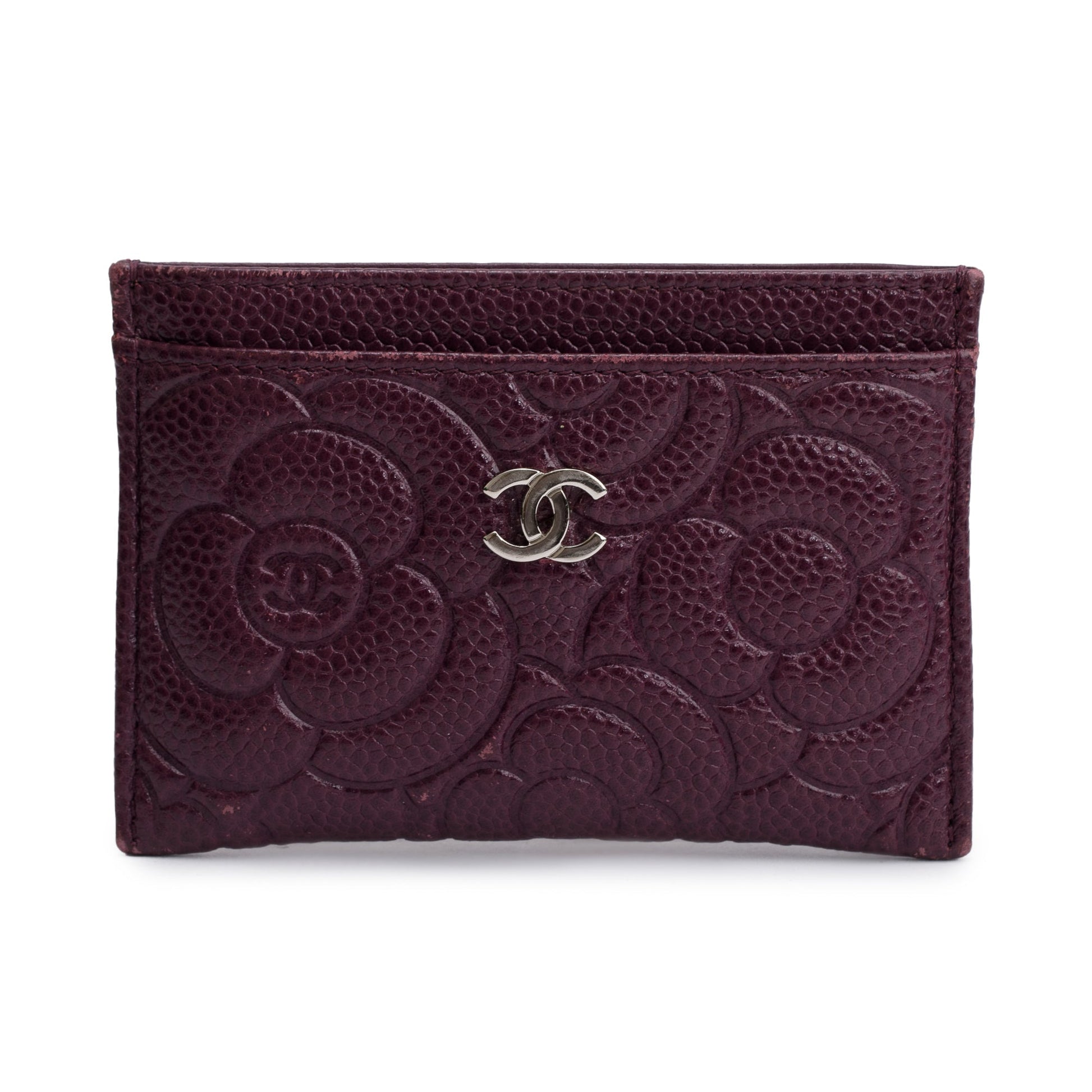 Chanel Burgundy Camellia Embossed Caviar Classic Leather Wallet Case
