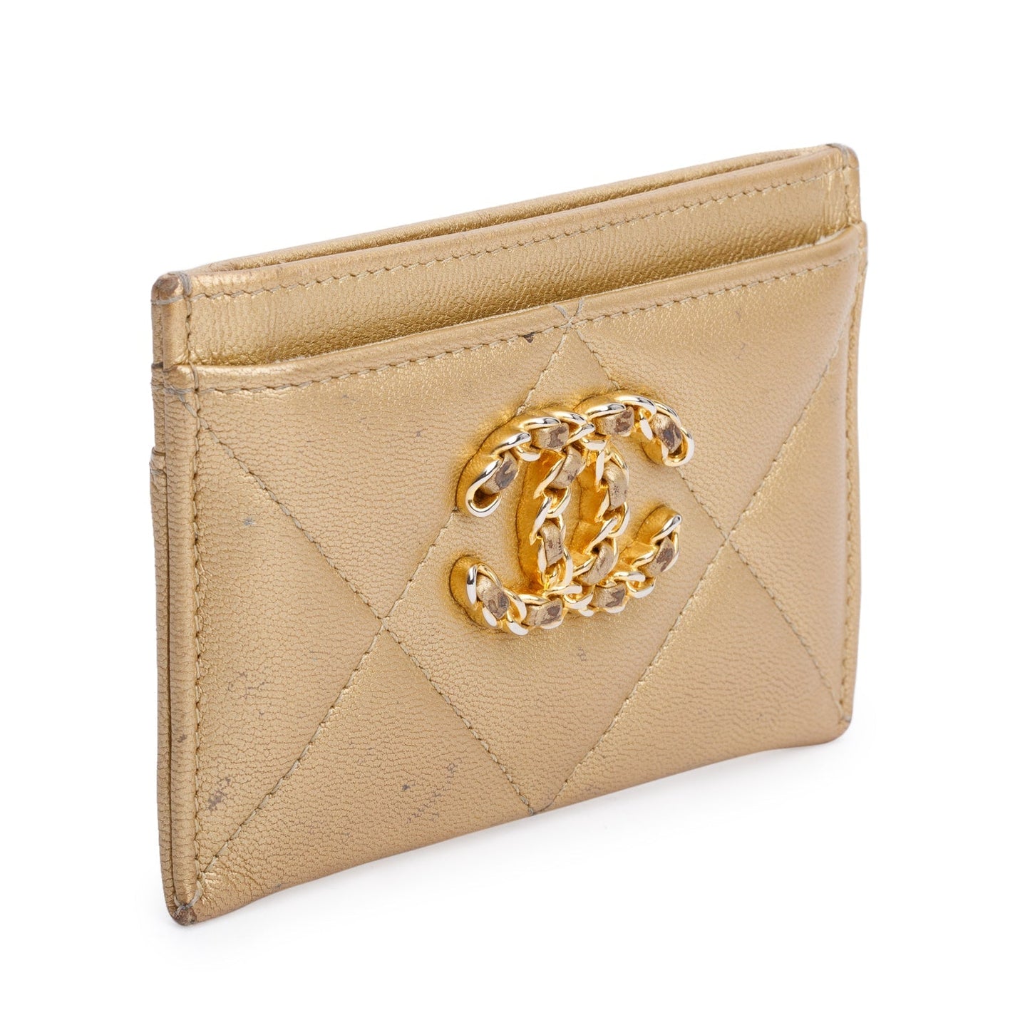 Chanel Iridescent 19 Card Holder Leather Lambskin Gold Wallet Case