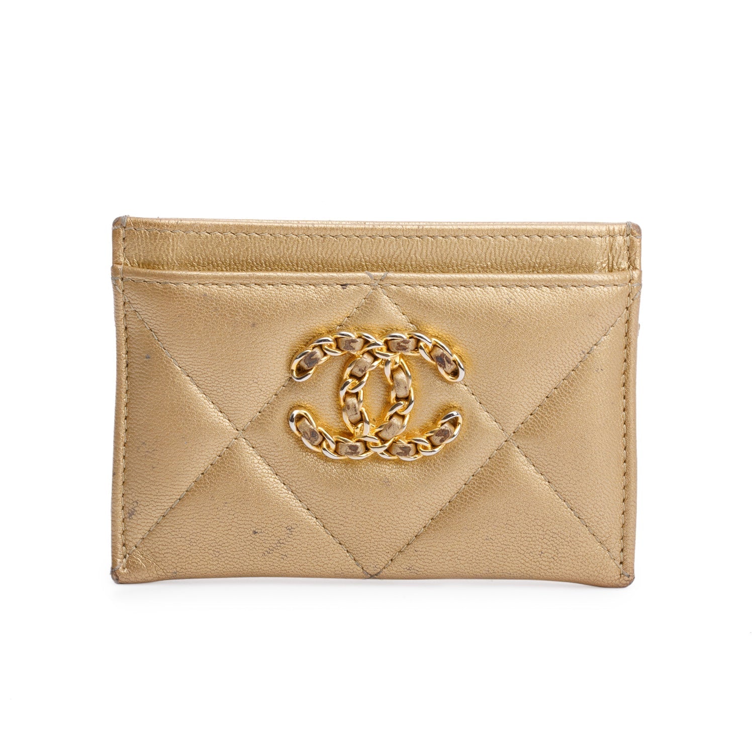 Chanel Iridescent 19 Card Holder Leather Lambskin Gold Wallet Case