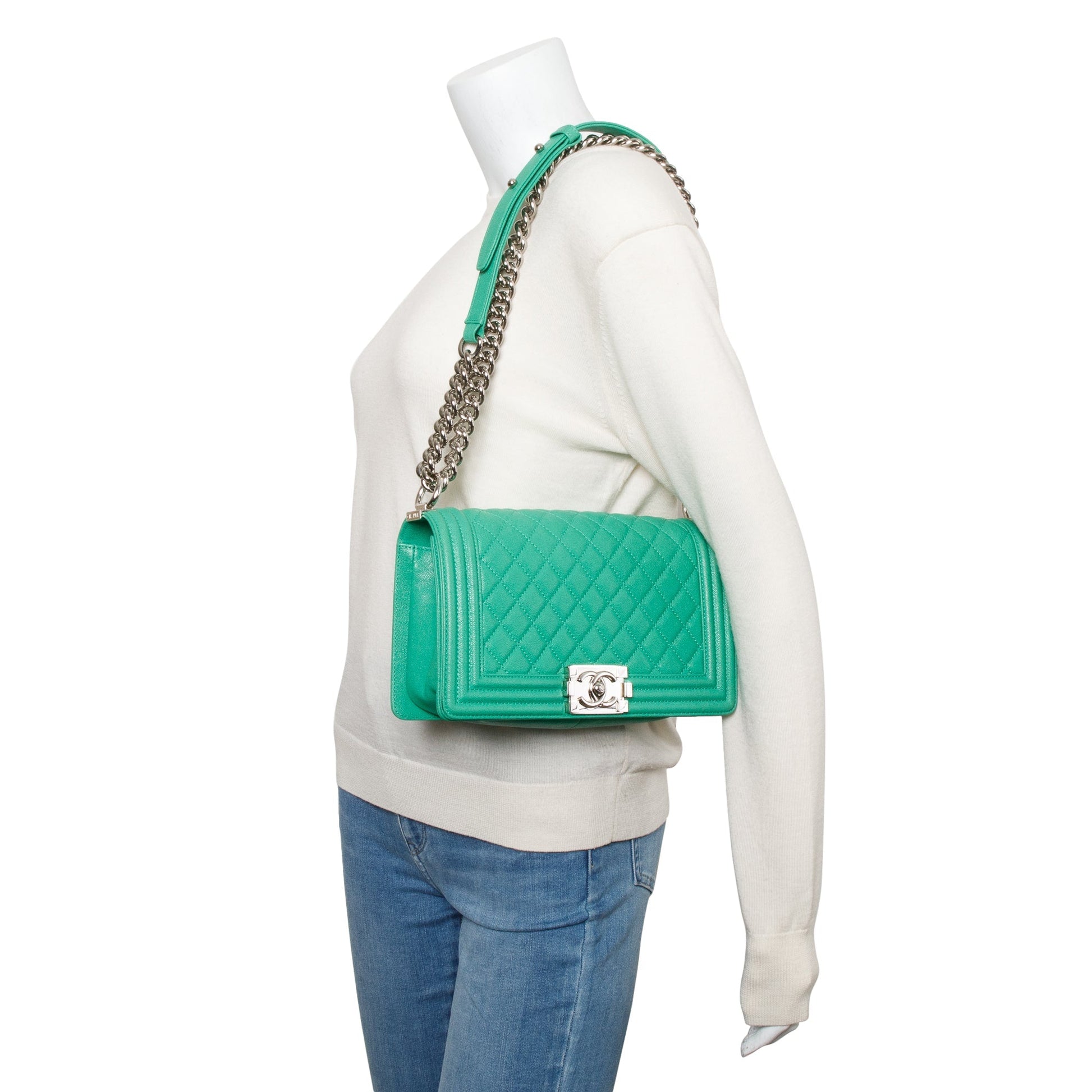 Chanel Quilted Caviar Boy Leather Green Travel Bag