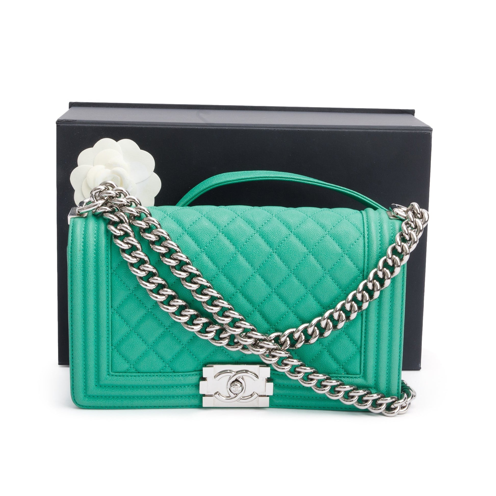 Chanel Quilted Caviar Boy Leather Green Travel Bag