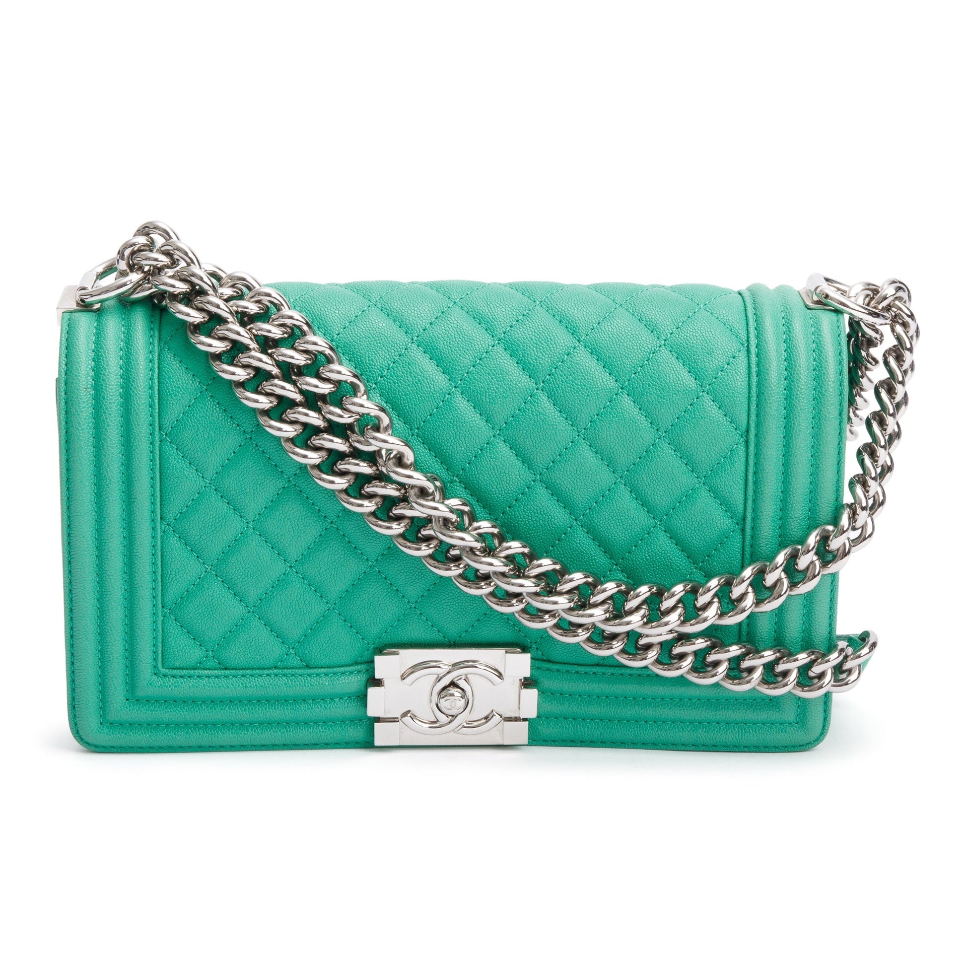 Chanel Quilted Caviar Boy Leather Green Travel Bag