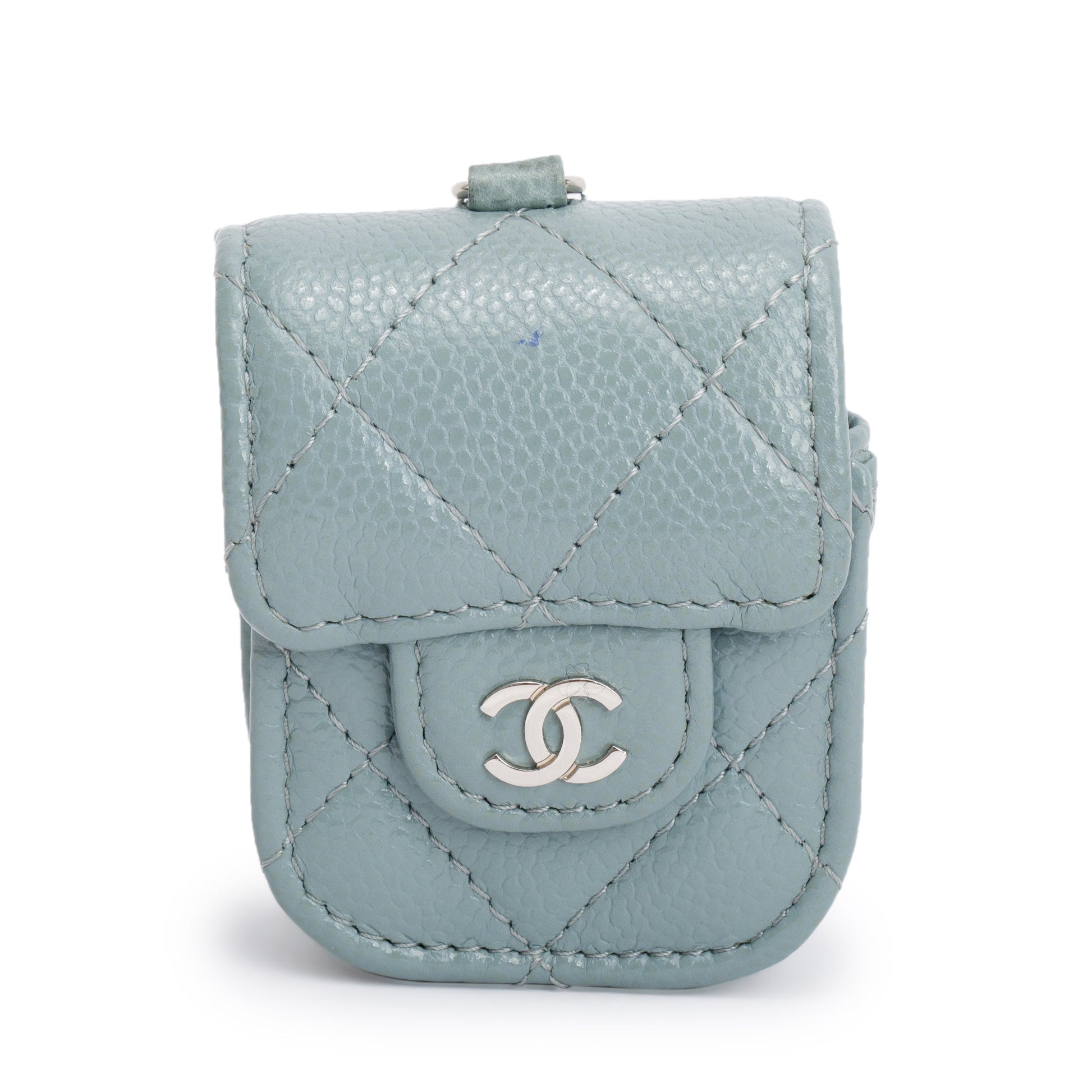 Chanel Quilted Caviar Airpods Flap on Leather Grey Travel Bag