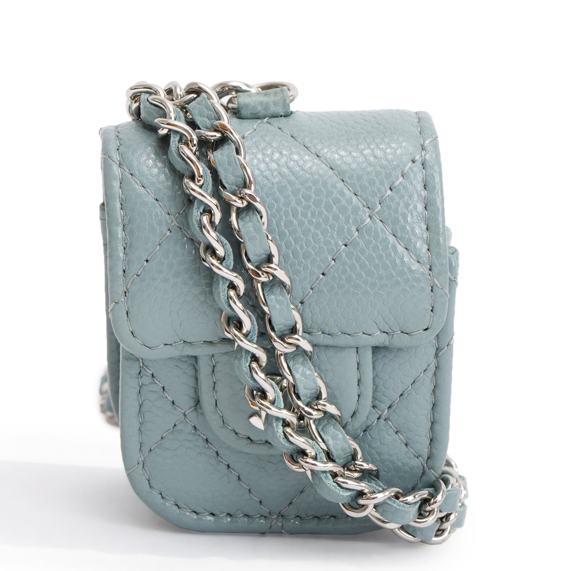 Chanel Quilted Caviar Airpods Flap on Leather Grey Travel Bag
