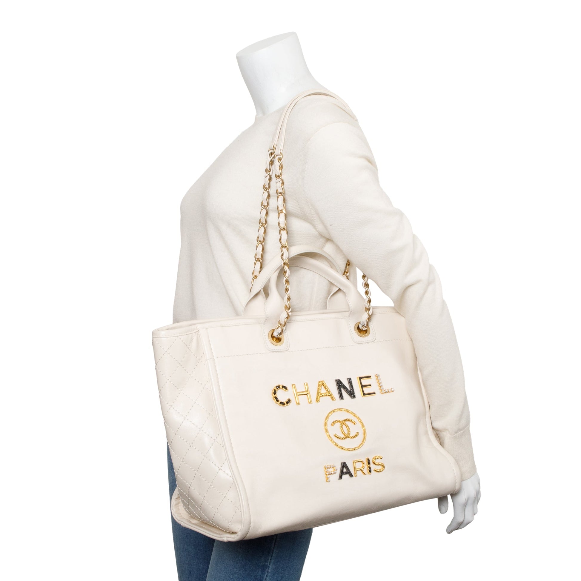 Chanel Neutral Embellised Deauville Logo Charms Leather Calfskin Key Chain