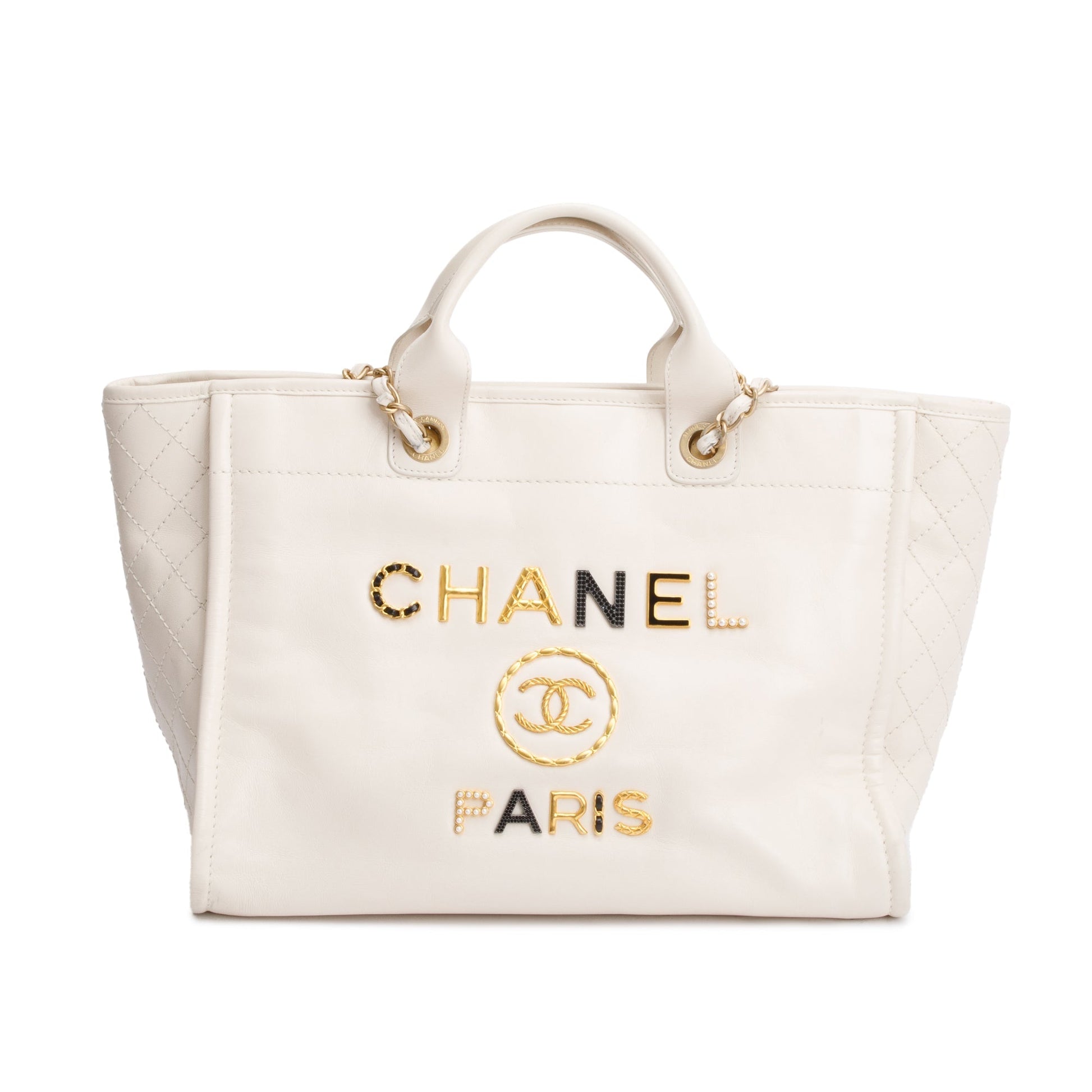 Chanel Neutral Embellised Deauville Logo Charms Leather Calfskin Key Chain