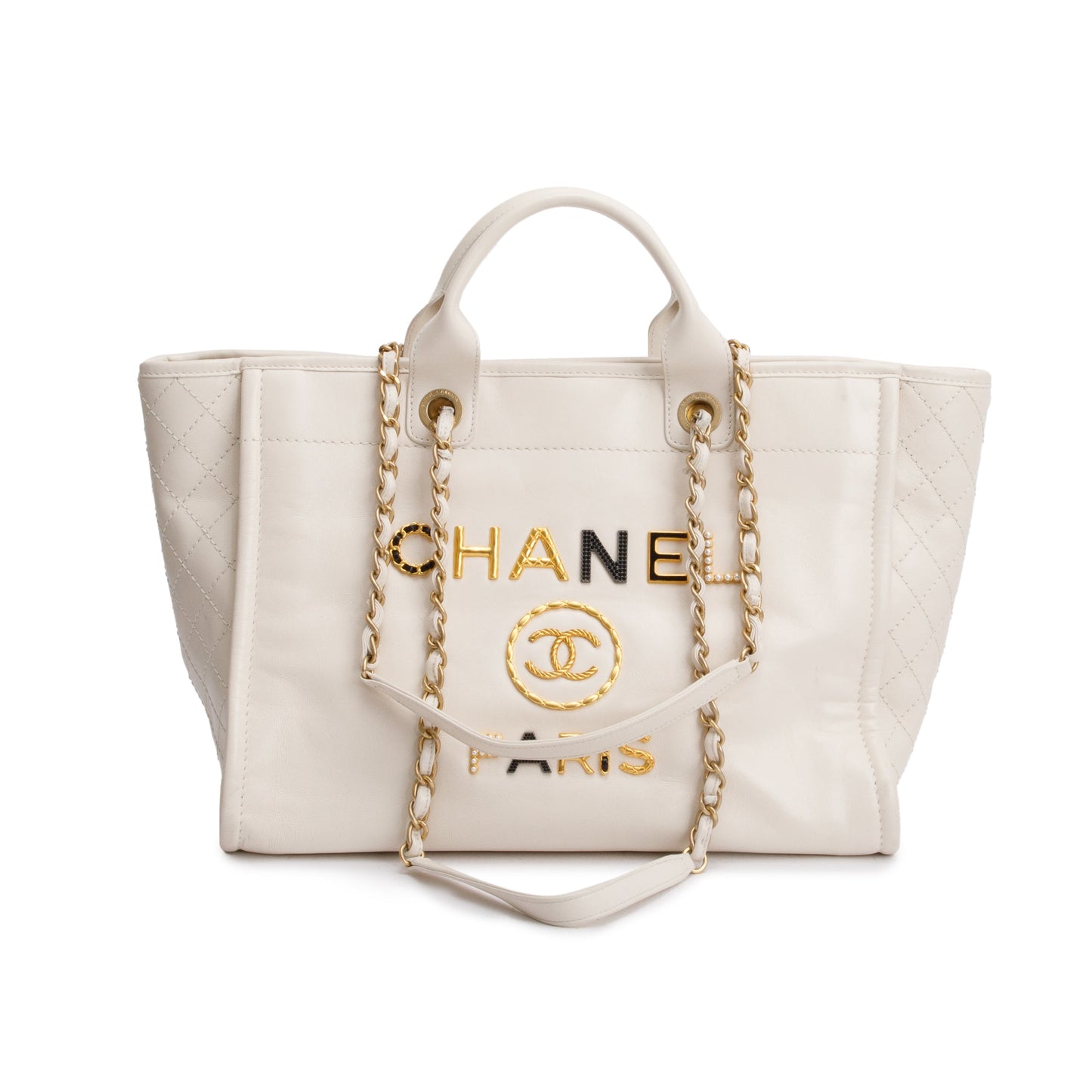 Chanel Neutral Embellised Deauville Logo Charms Leather Calfskin Key Chain