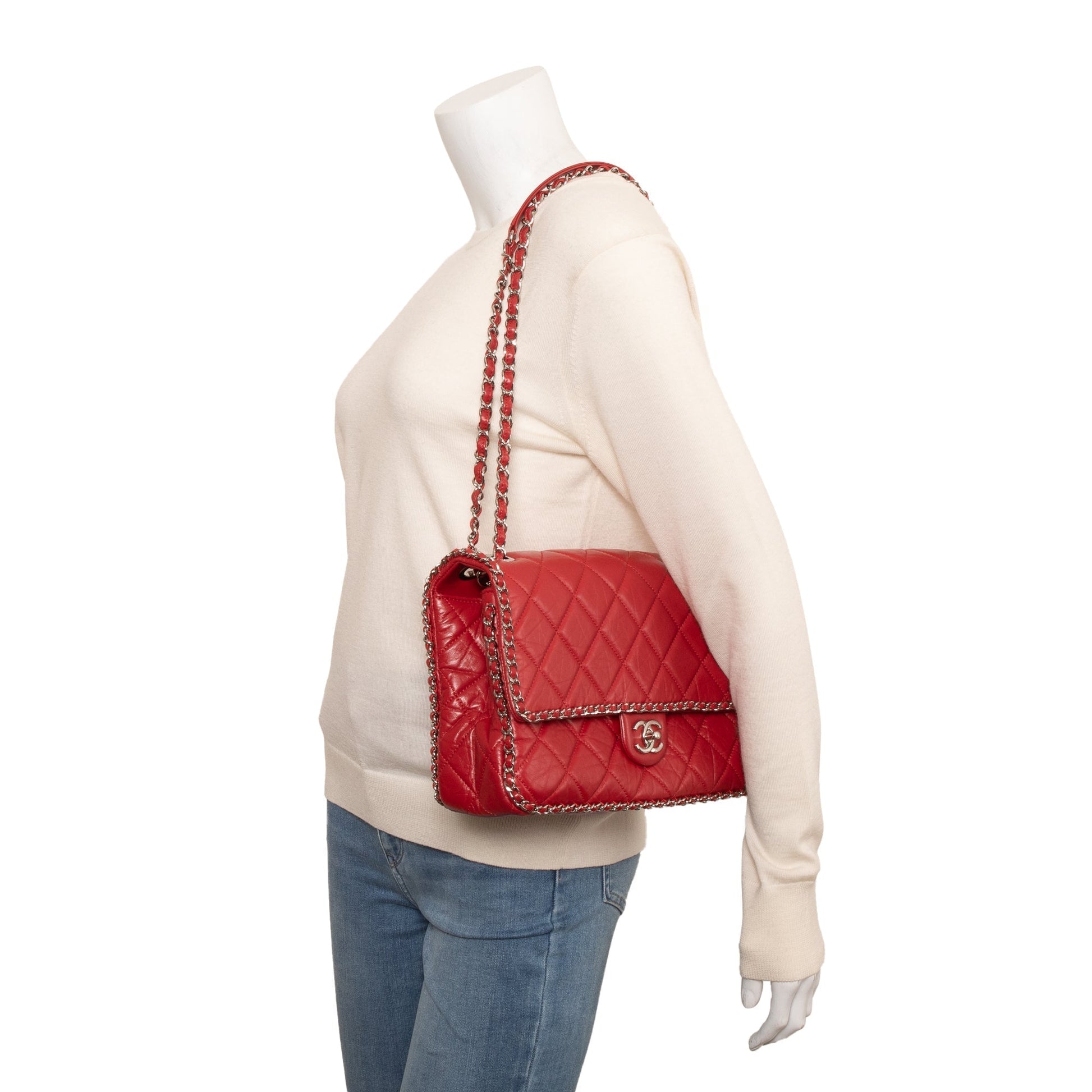 Chanel Quilted Running Flap Leather Calfskin Red Travel Bag