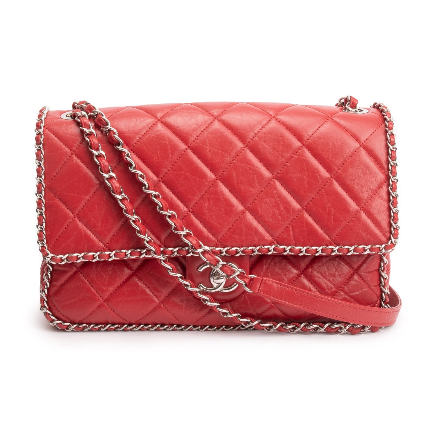 Chanel Quilted Running Flap Leather Calfskin Red Travel Bag