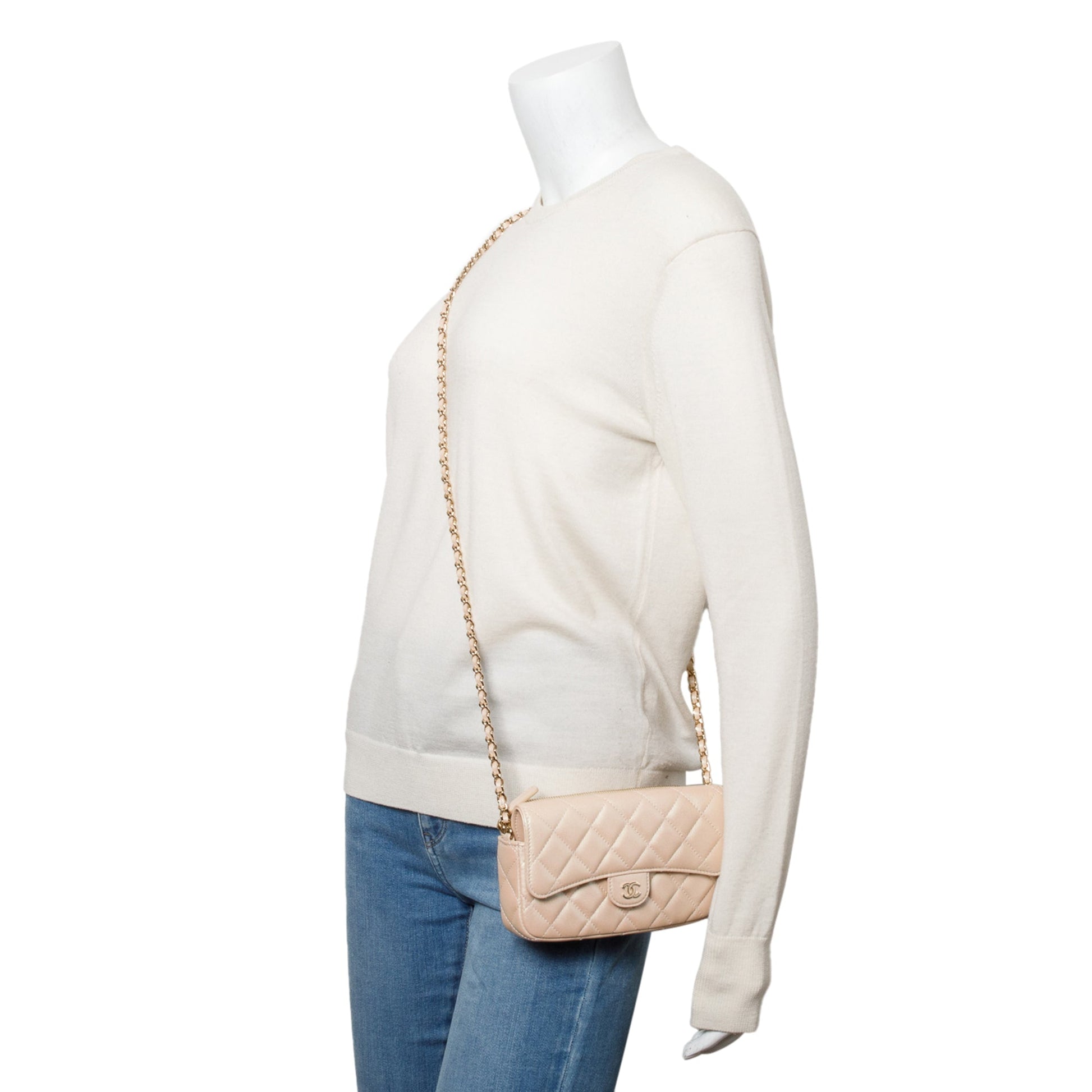 Chanel Iridescent Quilted Classic Flap Phone Leather Calfskin Beige Travel Bag