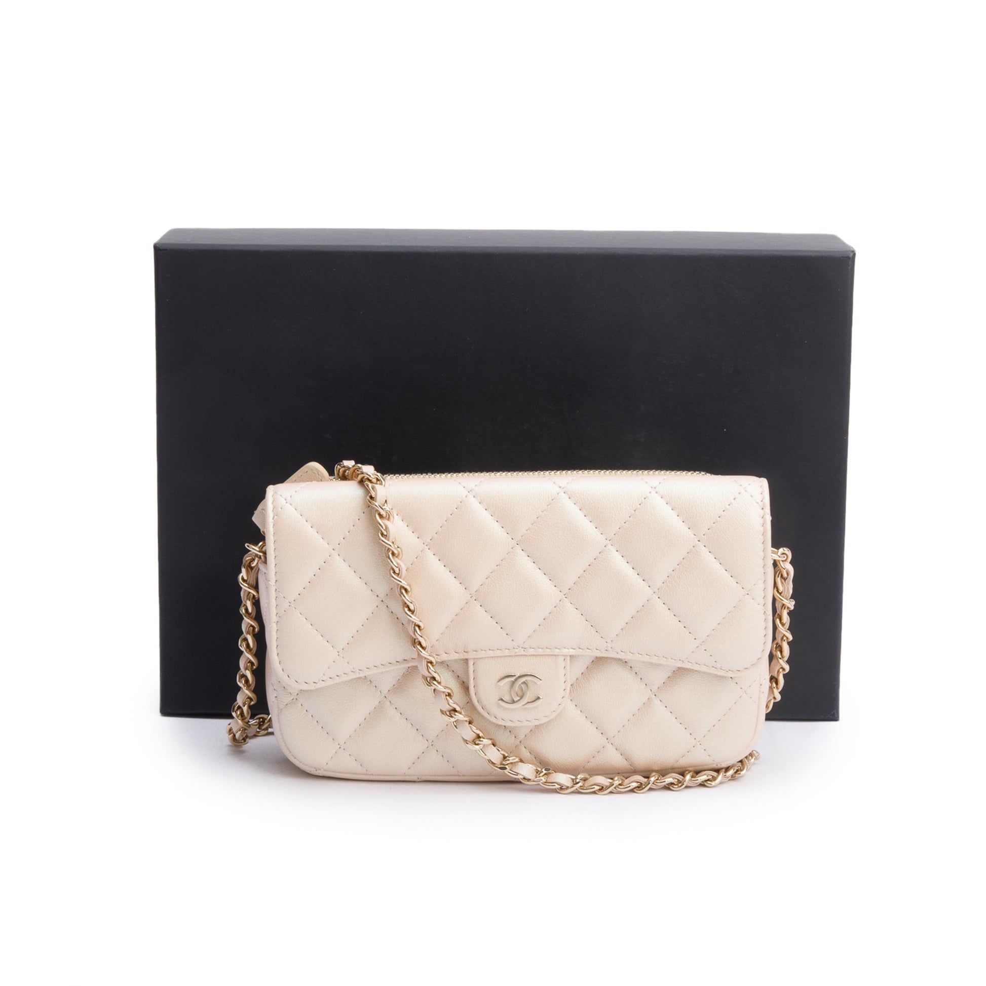 Chanel Iridescent Quilted Classic Flap Phone Leather Calfskin Beige Travel Bag
