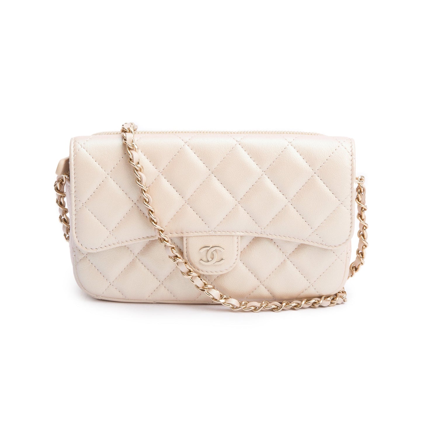 Chanel Iridescent Quilted Classic Flap Phone Leather Calfskin Beige Travel Bag