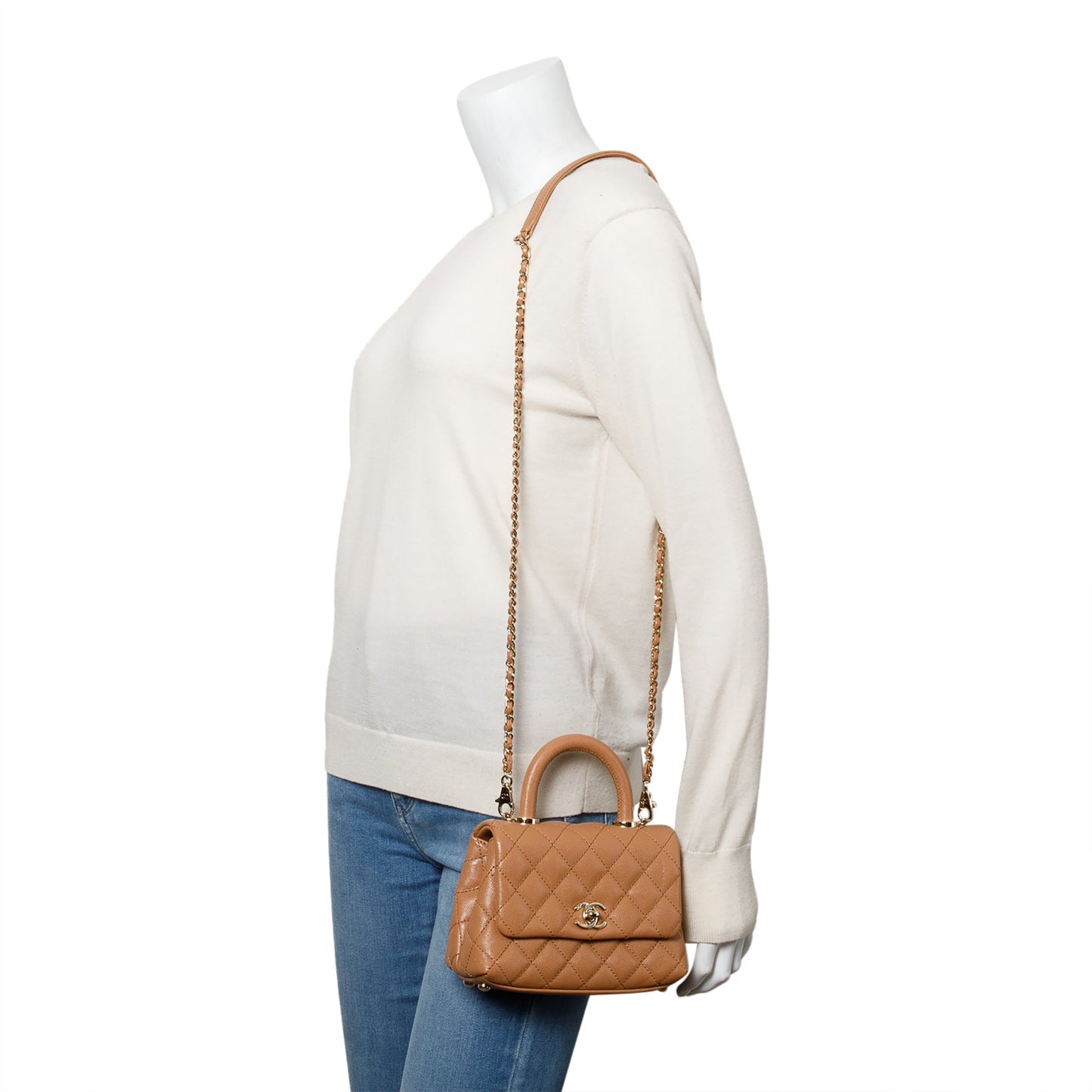 Chanel Quilted Caviar Coco Top Handle Leather Beige Travel Bag