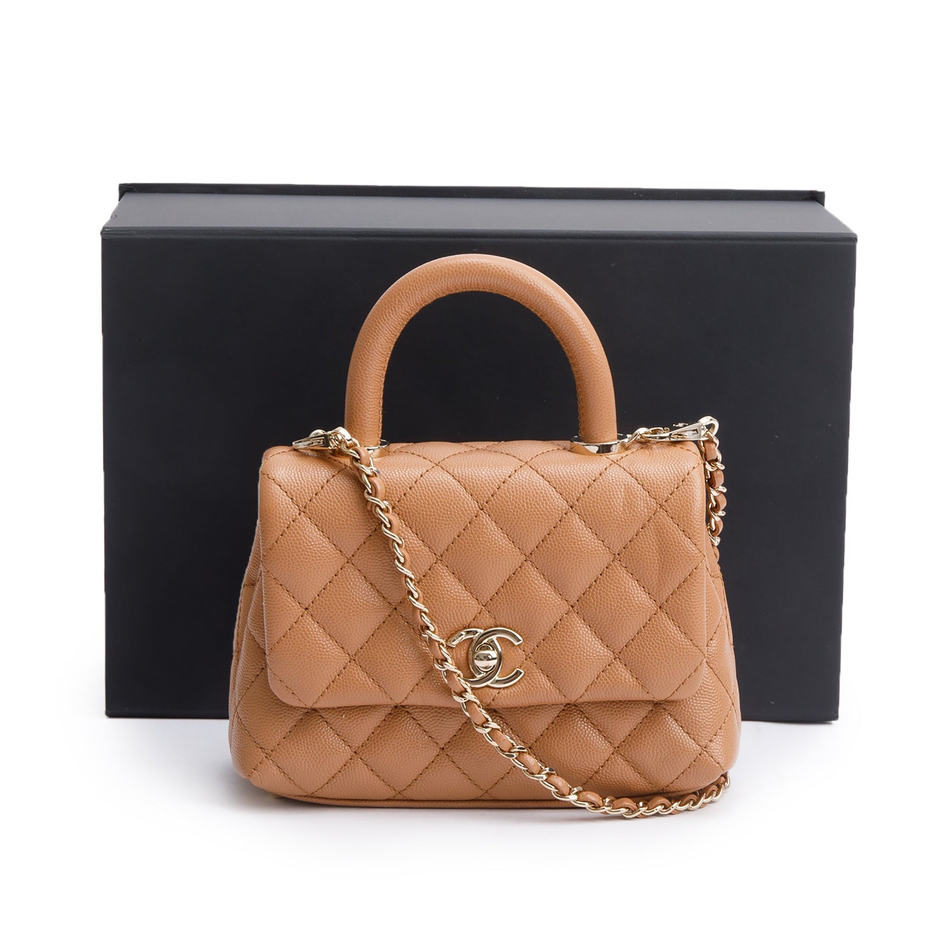 Chanel Quilted Caviar Coco Top Handle Leather Beige Travel Bag