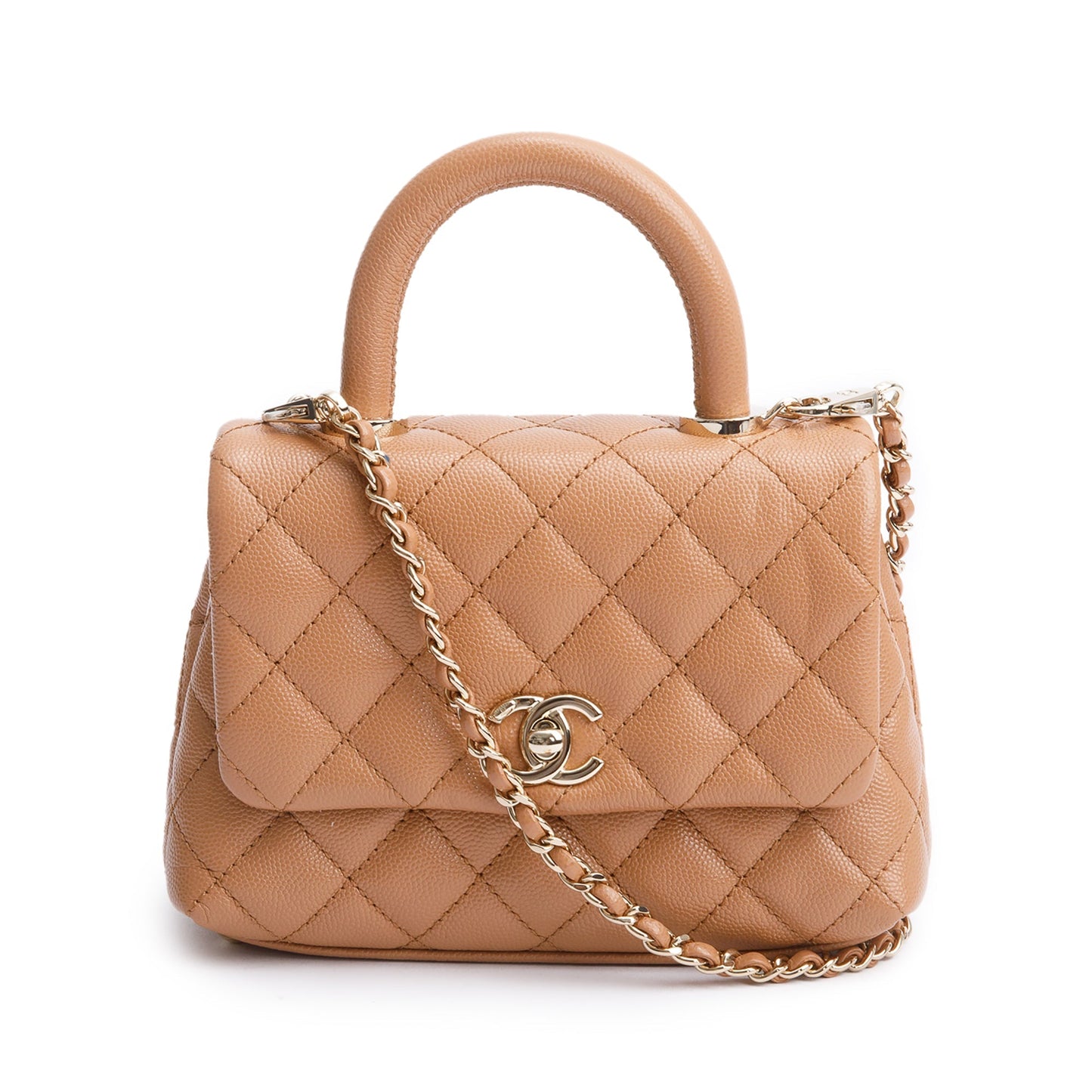 Chanel Quilted Caviar Coco Top Handle Leather Beige Travel Bag