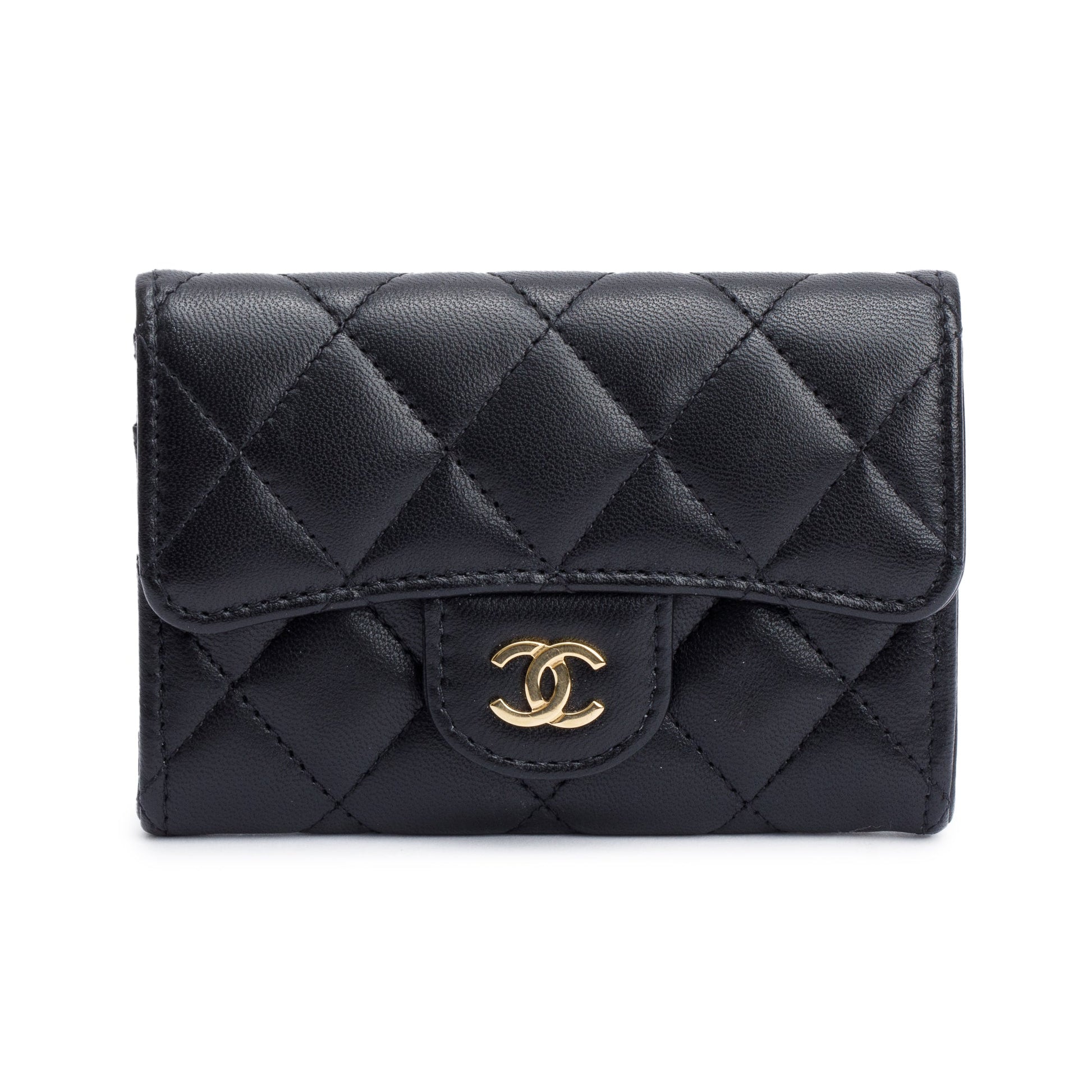 Chanel Quilted Classic Flap Card Holder Leather Lambskin Black Wallet Case Authenticity Card