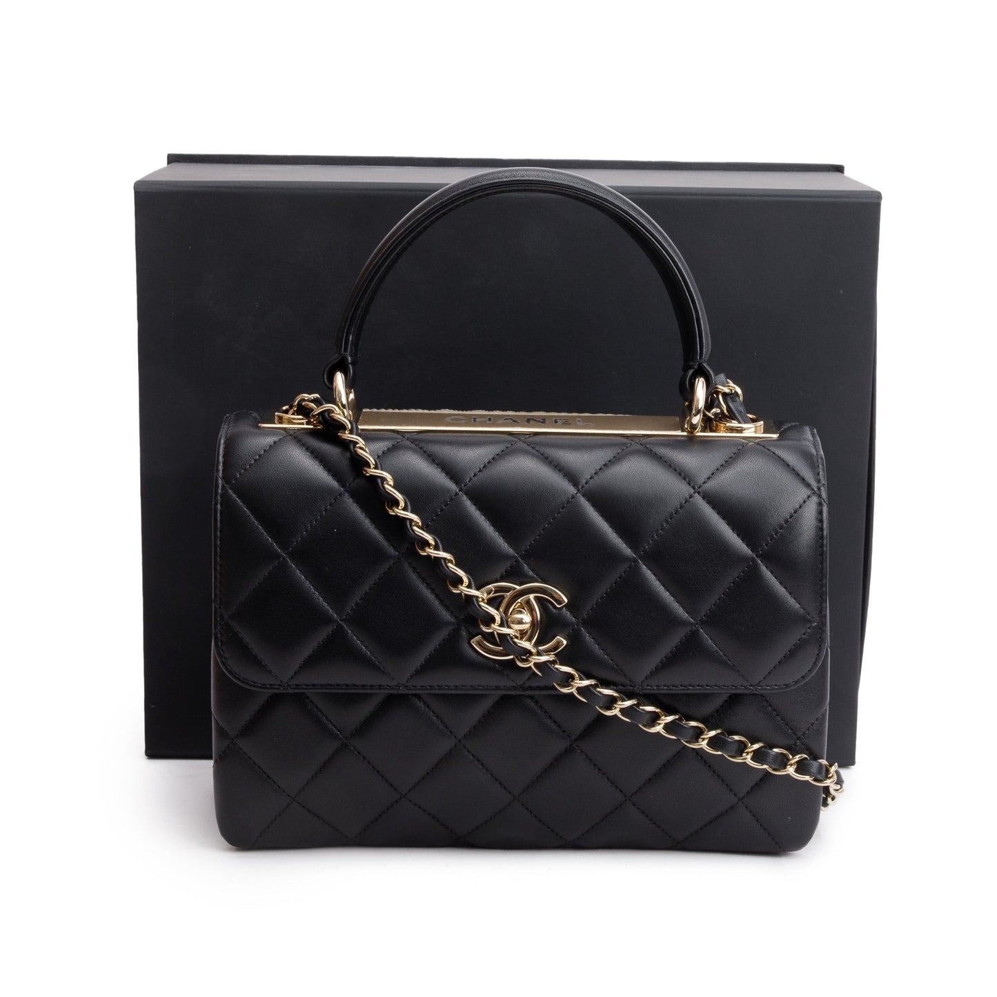 Chanel Quilted Trendy CC Top Handle Lambskin Black Travel Bag W Box