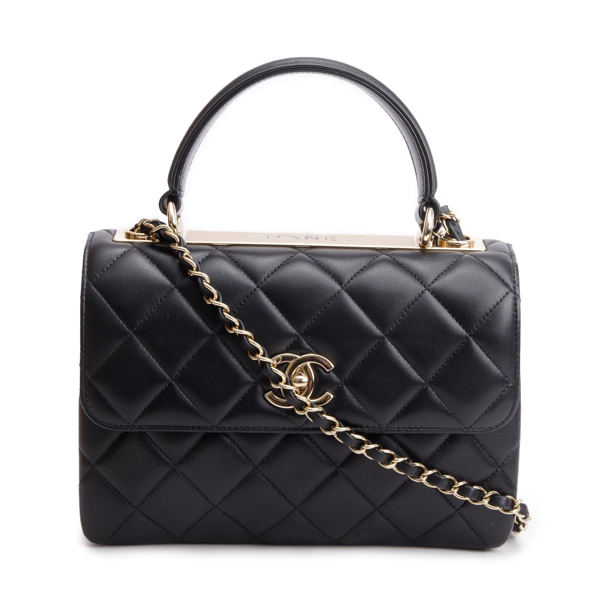 Chanel Quilted Trendy CC Top Handle Lambskin Black Travel Bag W Box