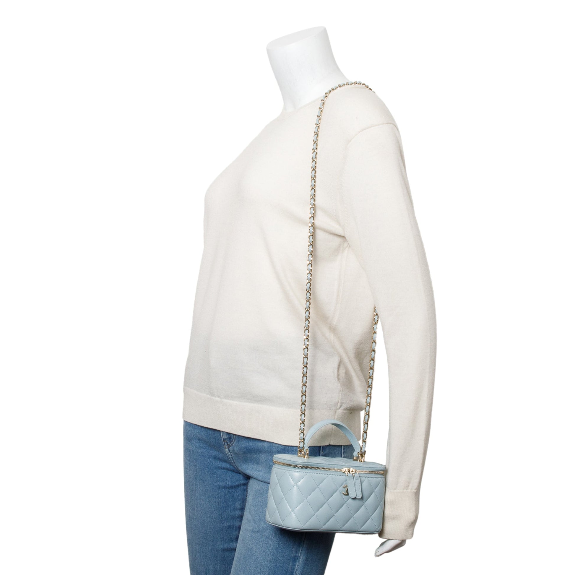 Chanel Top Handle Vanity Leather Lambskin Blue Travel Bag