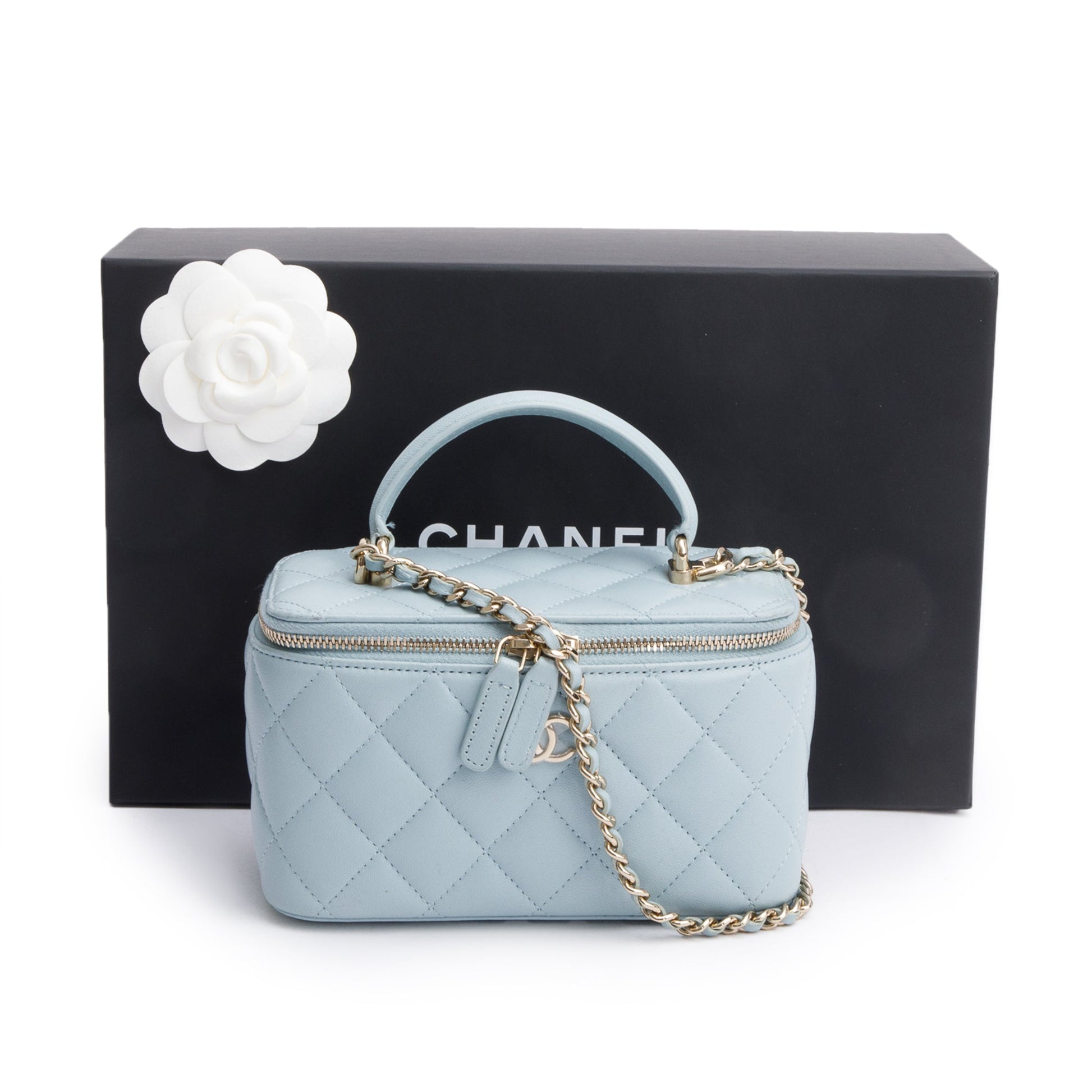 Chanel Top Handle Vanity Leather Lambskin Blue Travel Bag