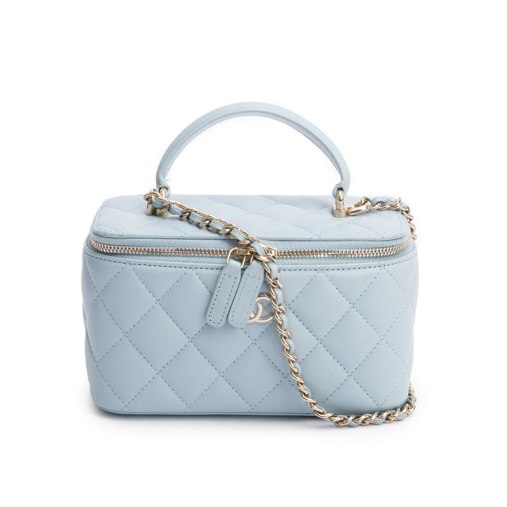 Chanel Top Handle Vanity Leather Lambskin Blue Travel Bag