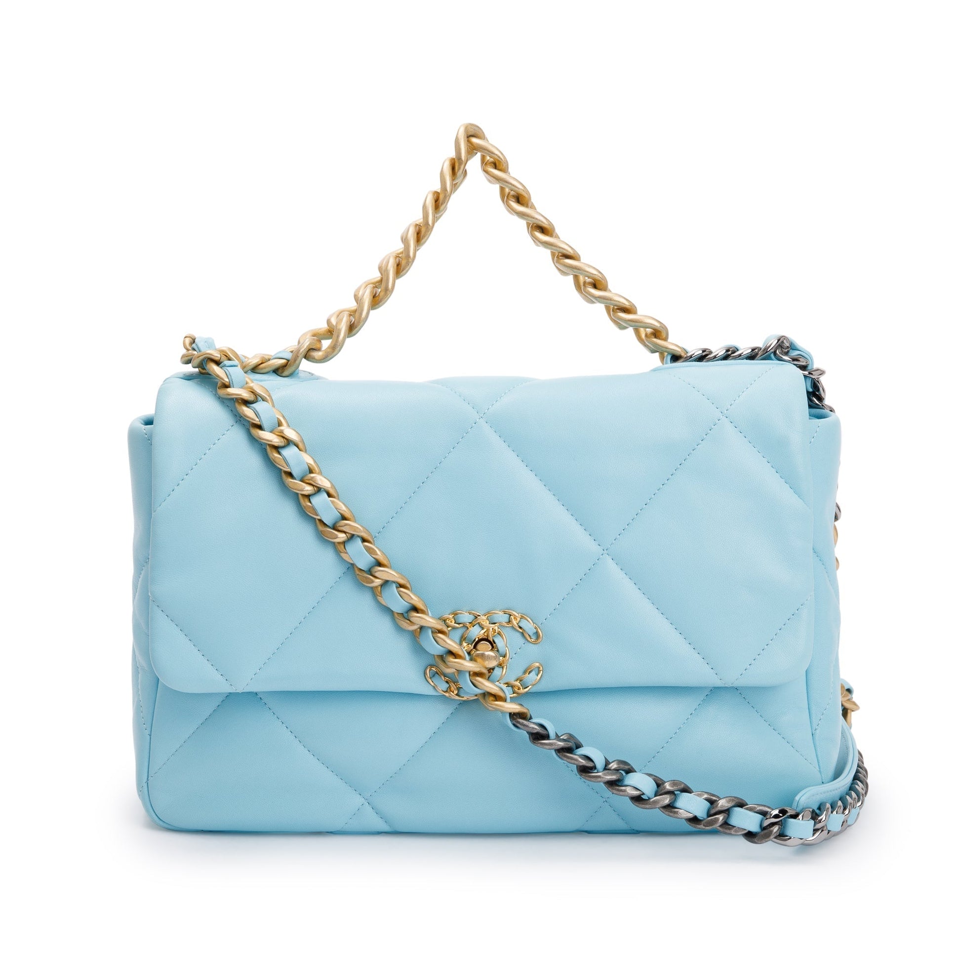 Chanel Light 19 Flap Leather Lambskin Blue Travel Bag