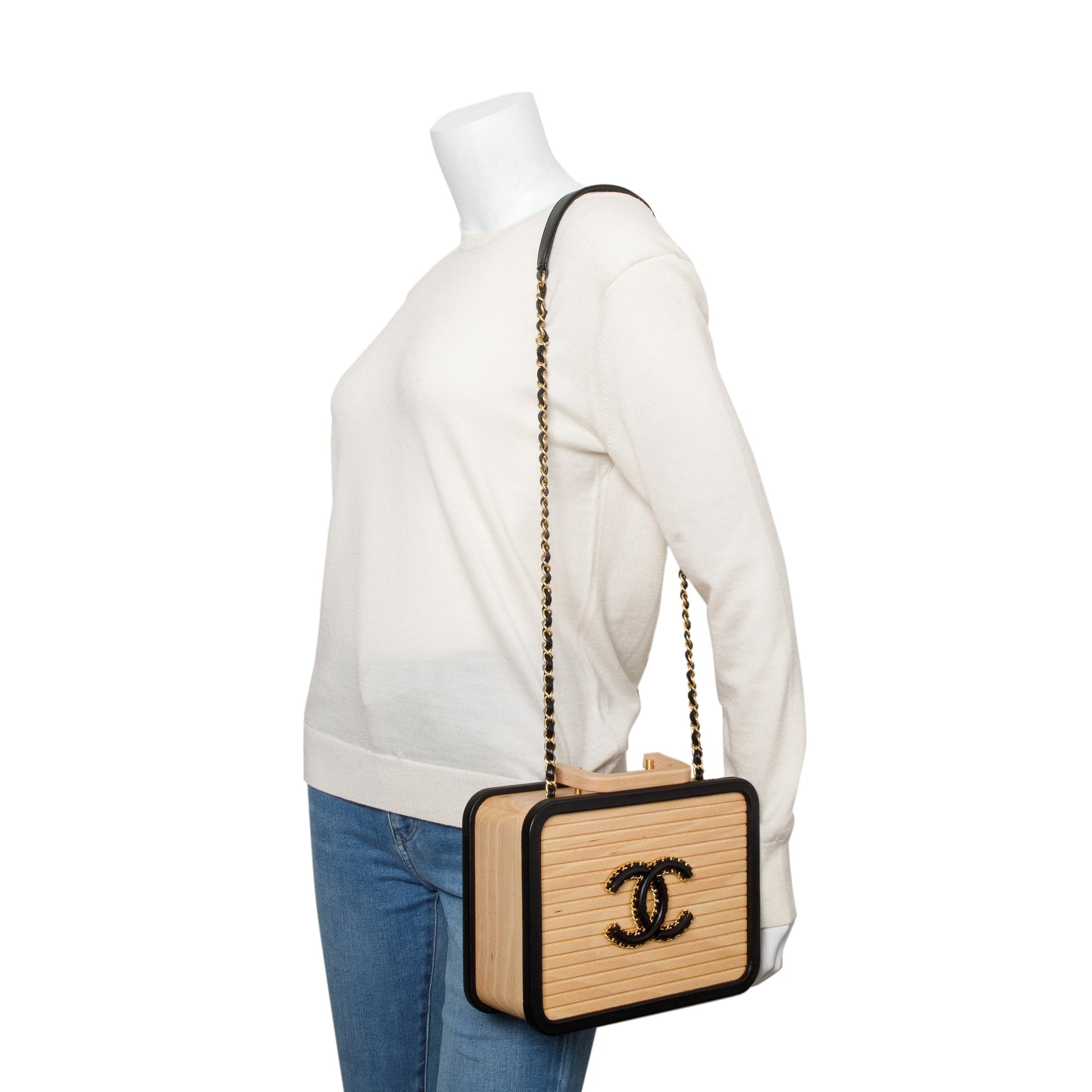 Chanel Beech Wood CC Vanity Leather Lambskin Black Beige Travel Bag W Box