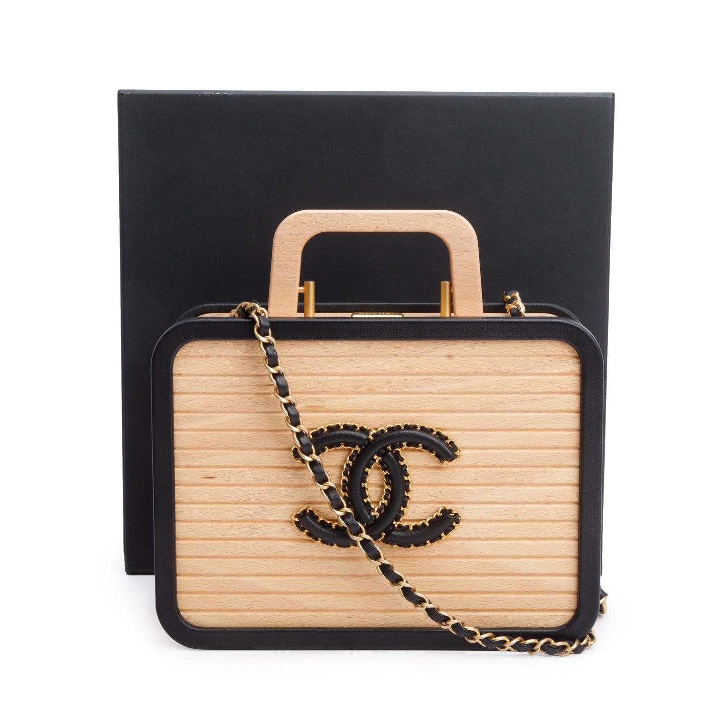 Chanel Beech Wood CC Vanity Leather Lambskin Black Beige Travel Bag W Box