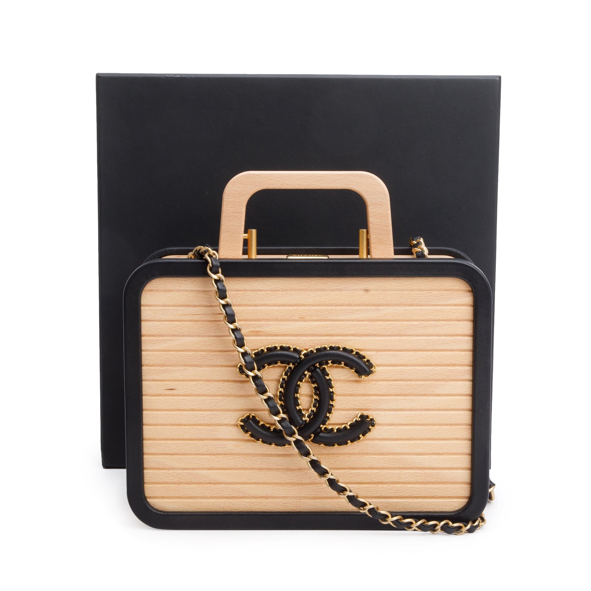 Chanel Beech Wood CC Vanity Leather Lambskin Black Beige Travel Bag W Box