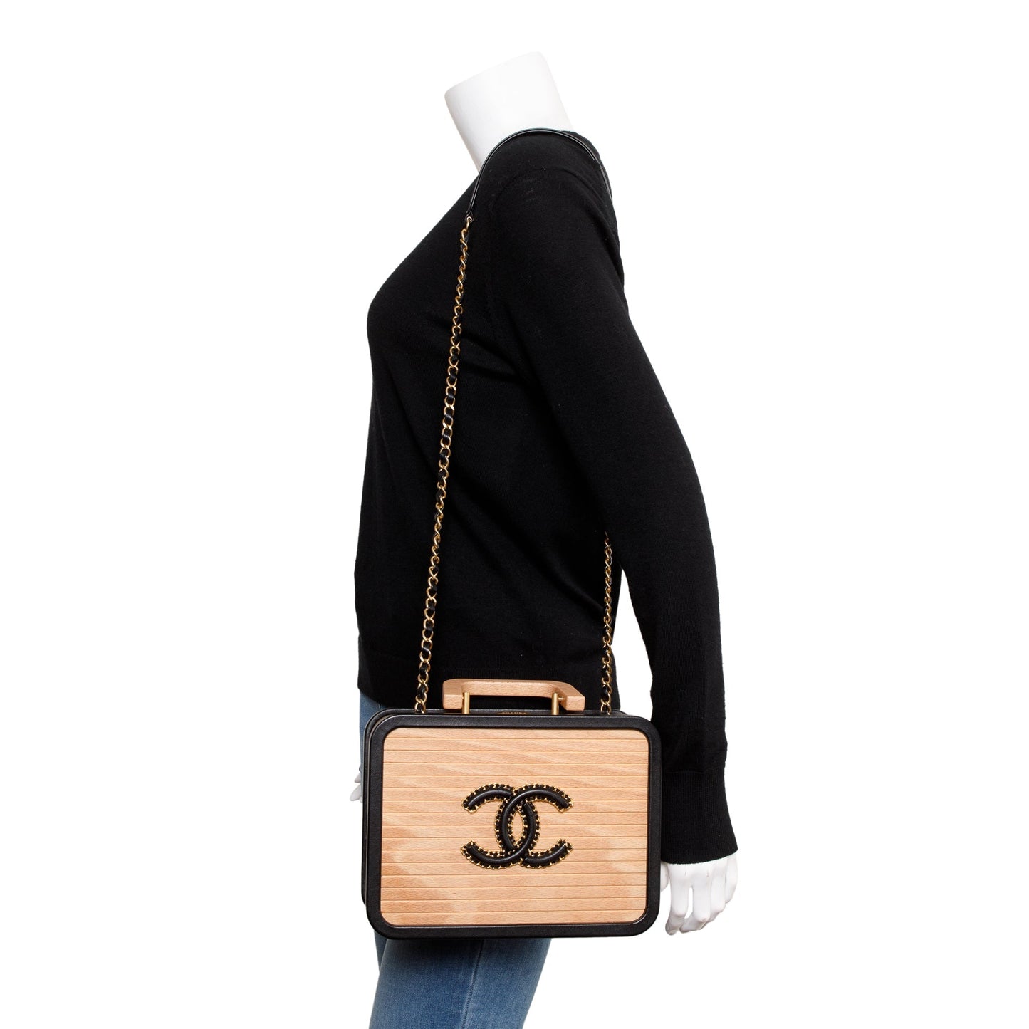 Chanel Beech Wood CC Vanity Leather Lambskin Black Beige Travel Bag